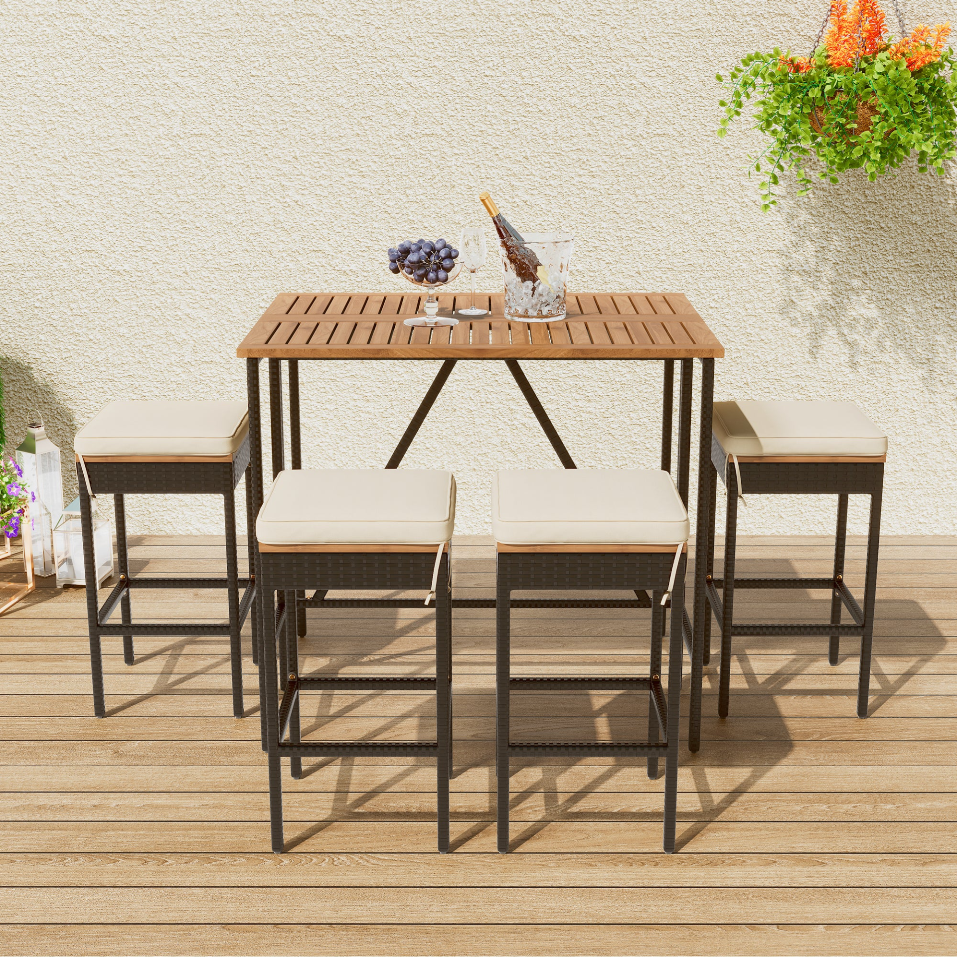 5-Piece Outdoor Acacia Wood Bar Height Table And Four Stools With Cushions, Garden PE Rattan Wicker Dining Table, Foldable Tabletop, High-Dining Bistro Set, All-Weather Patio Furniture, Brown