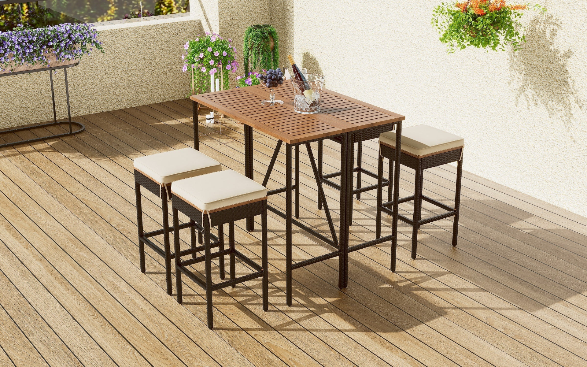 5-Piece Outdoor Acacia Wood Bar Height Table And Four Stools With Cushions, Garden PE Rattan Wicker Dining Table, Foldable Tabletop, High-Dining Bistro Set, All-Weather Patio Furniture, Brown