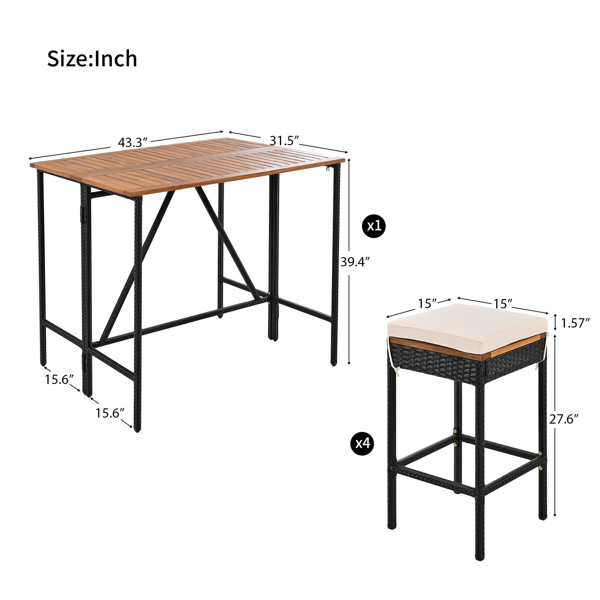 5-Piece Outdoor Acacia Wood Bar Height Table And Four Stools With Cushions, Garden PE Rattan Wicker Dining Table, Foldable Tabletop, High-Dining Bistro Set, All-Weather Patio Furniture, Brown