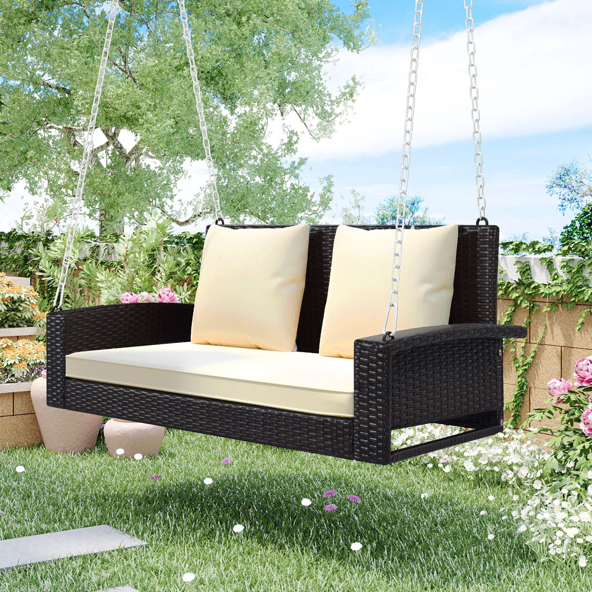 2-Person Wicker Hanging Porch Swing with Chains, Cushion, Pillow, Rattan Swing Bench for Garden, Backyard, Pond. (Brown Wicker, Beige Cushion)