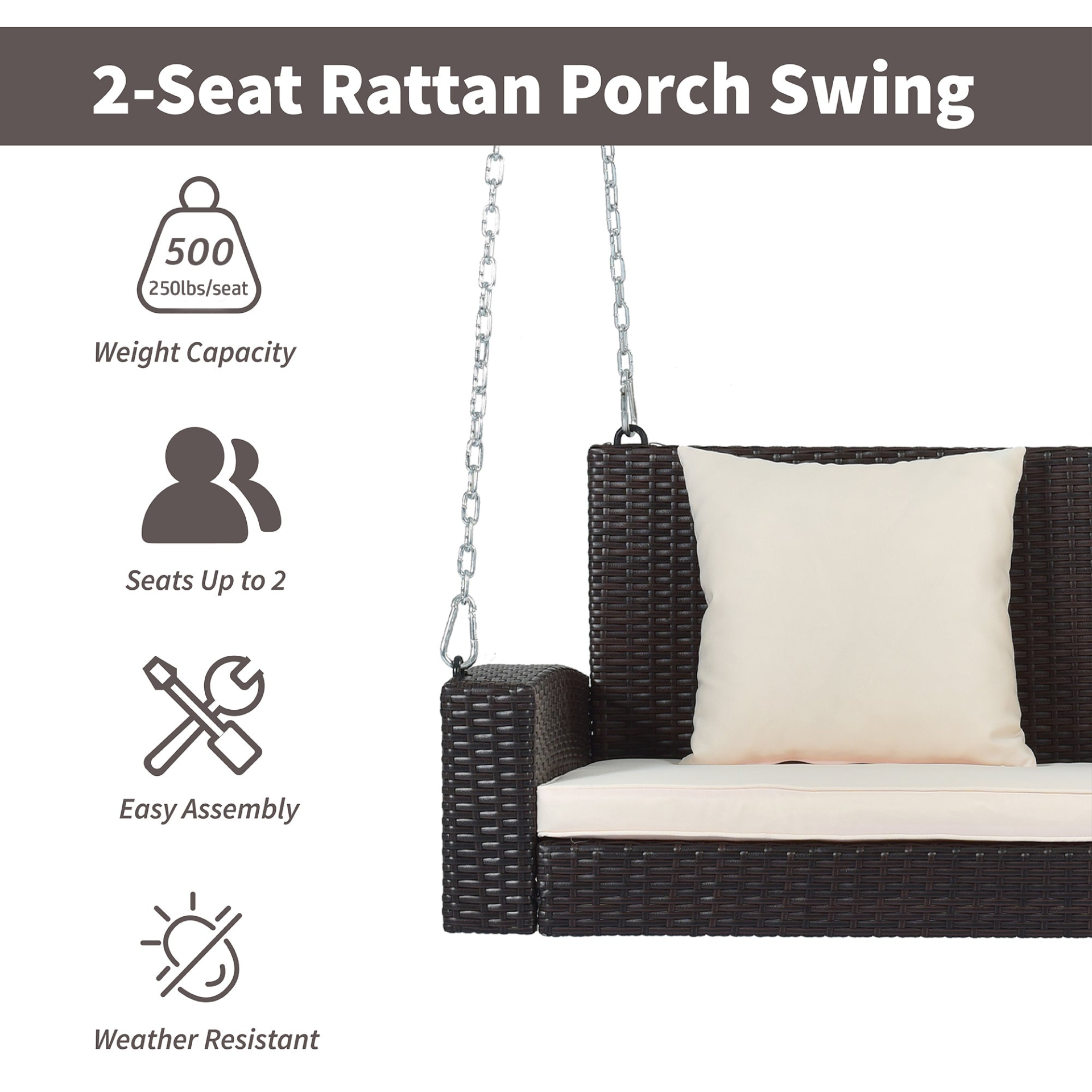 2-Person Wicker Hanging Porch Swing with Chains, Cushion, Pillow, Rattan Swing Bench for Garden, Backyard, Pond. (Brown Wicker, Beige Cushion)