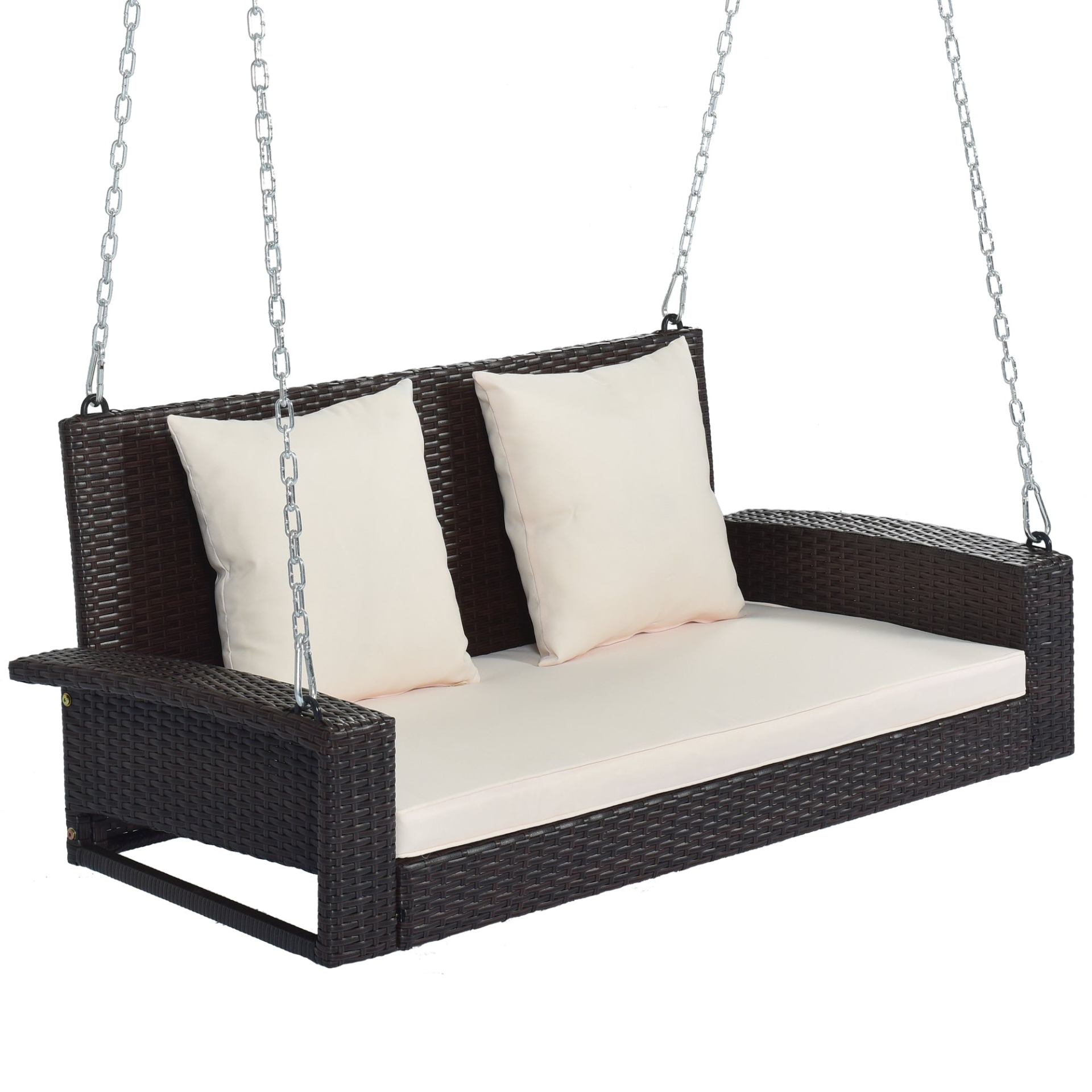 2-Person Wicker Hanging Porch Swing with Chains, Cushion, Pillow, Rattan Swing Bench for Garden, Backyard, Pond. (Brown Wicker, Beige Cushion)