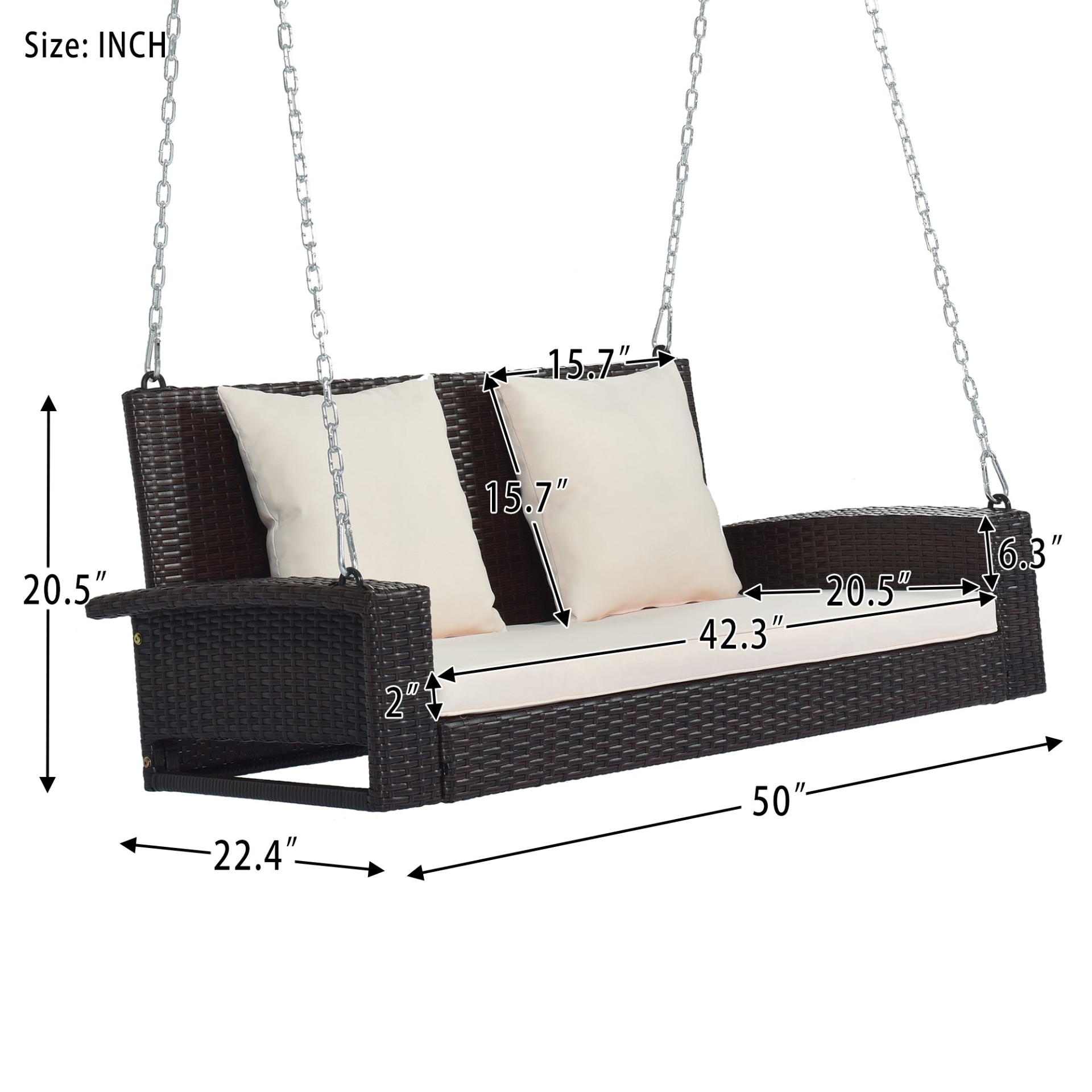 2-Person Wicker Hanging Porch Swing with Chains, Cushion, Pillow, Rattan Swing Bench for Garden, Backyard, Pond. (Brown Wicker, Beige Cushion)