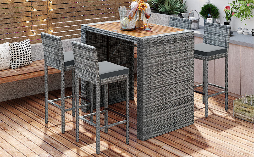 5-pieces Outdoor Patio Wicker Bar Set, Bar Height Chairs With Non-Slip Feet And Fixed Rope, Removable Cushion, Acacia Wood Table Top, Brown Wood And Gray Wicker