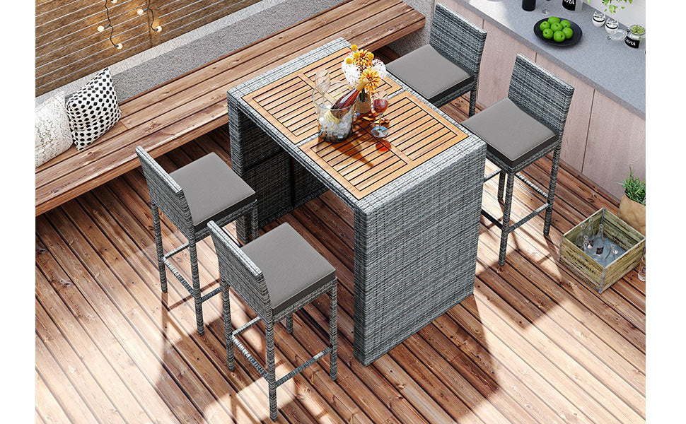 5-pieces Outdoor Patio Wicker Bar Set, Bar Height Chairs With Non-Slip Feet And Fixed Rope, Removable Cushion, Acacia Wood Table Top, Brown Wood And Gray Wicker