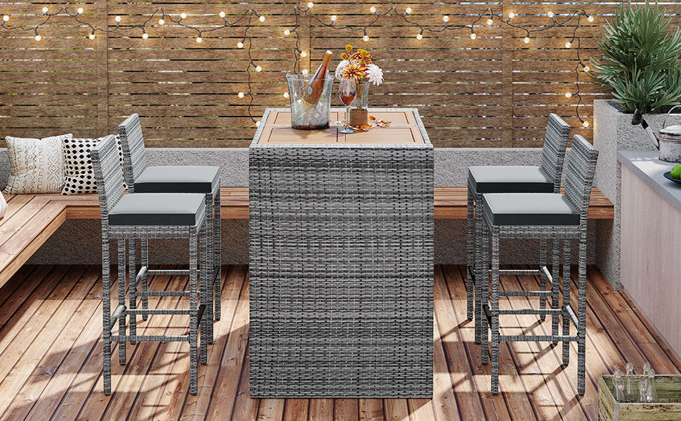 5-pieces Outdoor Patio Wicker Bar Set, Bar Height Chairs With Non-Slip Feet And Fixed Rope, Removable Cushion, Acacia Wood Table Top, Brown Wood And Gray Wicker