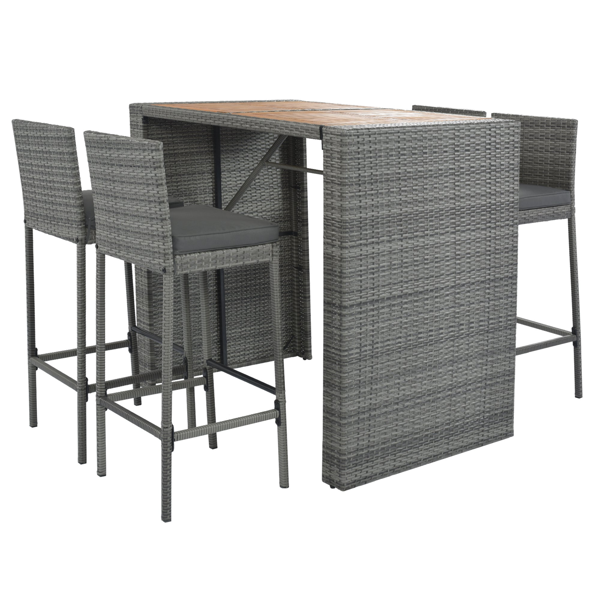 5-pieces Outdoor Patio Wicker Bar Set, Bar Height Chairs With Non-Slip Feet And Fixed Rope, Removable Cushion, Acacia Wood Table Top, Brown Wood And Gray Wicker