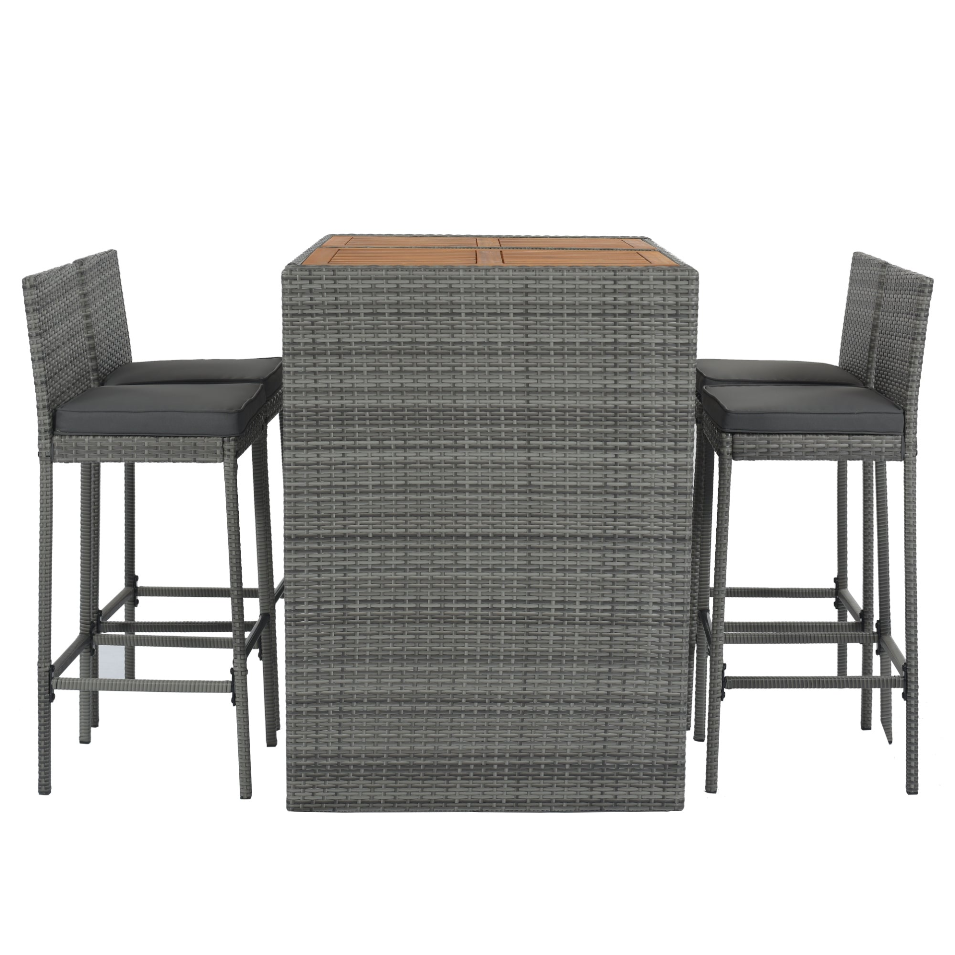 5-pieces Outdoor Patio Wicker Bar Set, Bar Height Chairs With Non-Slip Feet And Fixed Rope, Removable Cushion, Acacia Wood Table Top, Brown Wood And Gray Wicker