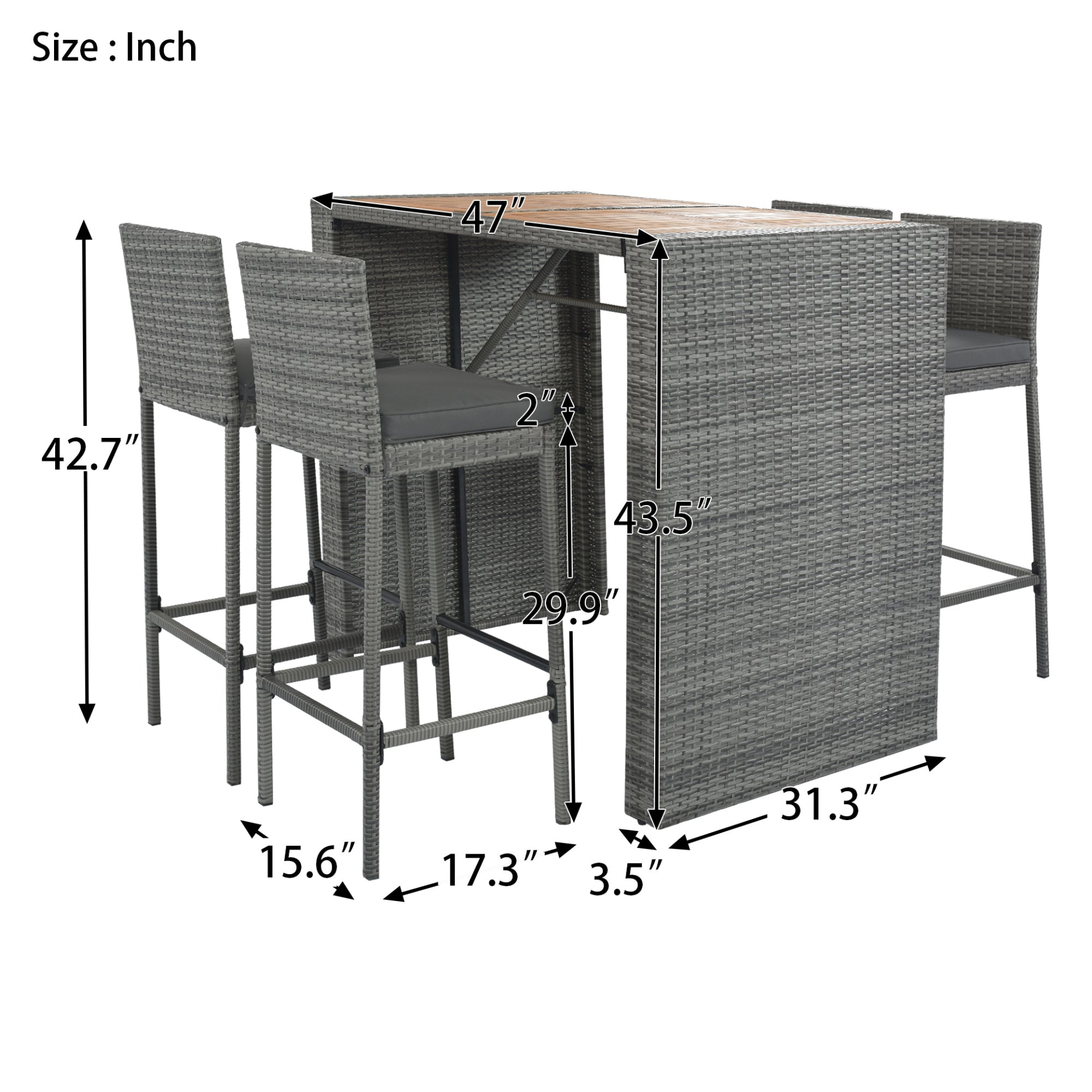 5-pieces Outdoor Patio Wicker Bar Set, Bar Height Chairs With Non-Slip Feet And Fixed Rope, Removable Cushion, Acacia Wood Table Top, Brown Wood And Gray Wicker