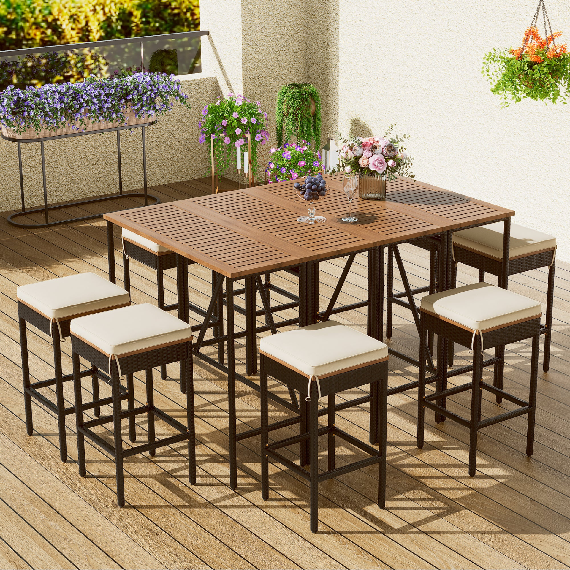 10-Piece Outdoor Acacia Wood Bar Height Table And Eight Stools With Cushions, Garden PE Rattan Wicker Dining Table, Foldable Tabletop, High-Dining Bistro Set, All-Weather Patio Furniture, Brown