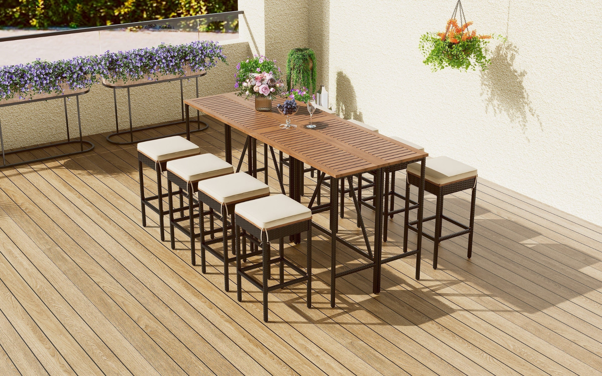 10-Piece Outdoor Acacia Wood Bar Height Table And Eight Stools With Cushions, Garden PE Rattan Wicker Dining Table, Foldable Tabletop, High-Dining Bistro Set, All-Weather Patio Furniture, Brown