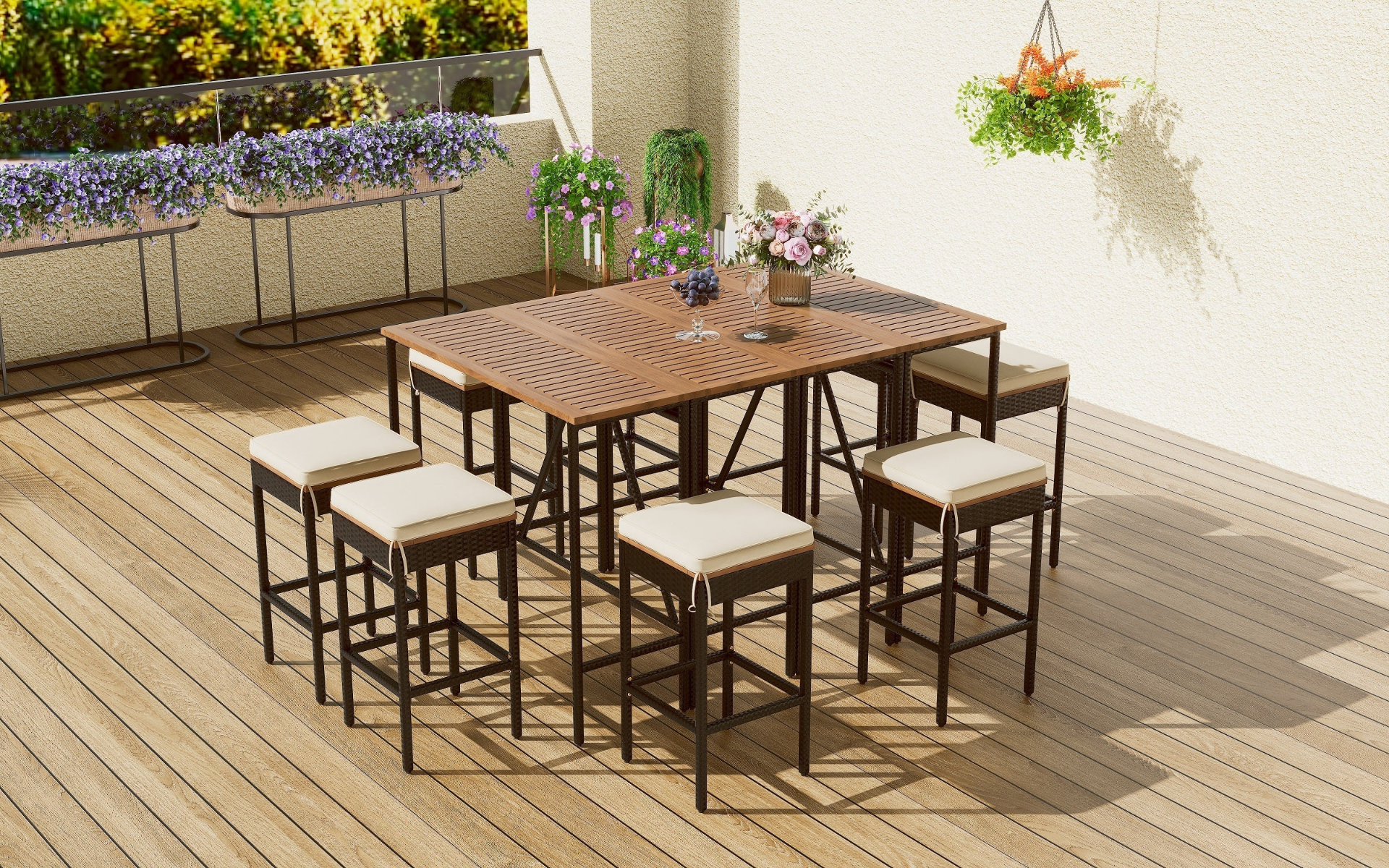 10-Piece Outdoor Acacia Wood Bar Height Table And Eight Stools With Cushions, Garden PE Rattan Wicker Dining Table, Foldable Tabletop, High-Dining Bistro Set, All-Weather Patio Furniture, Brown