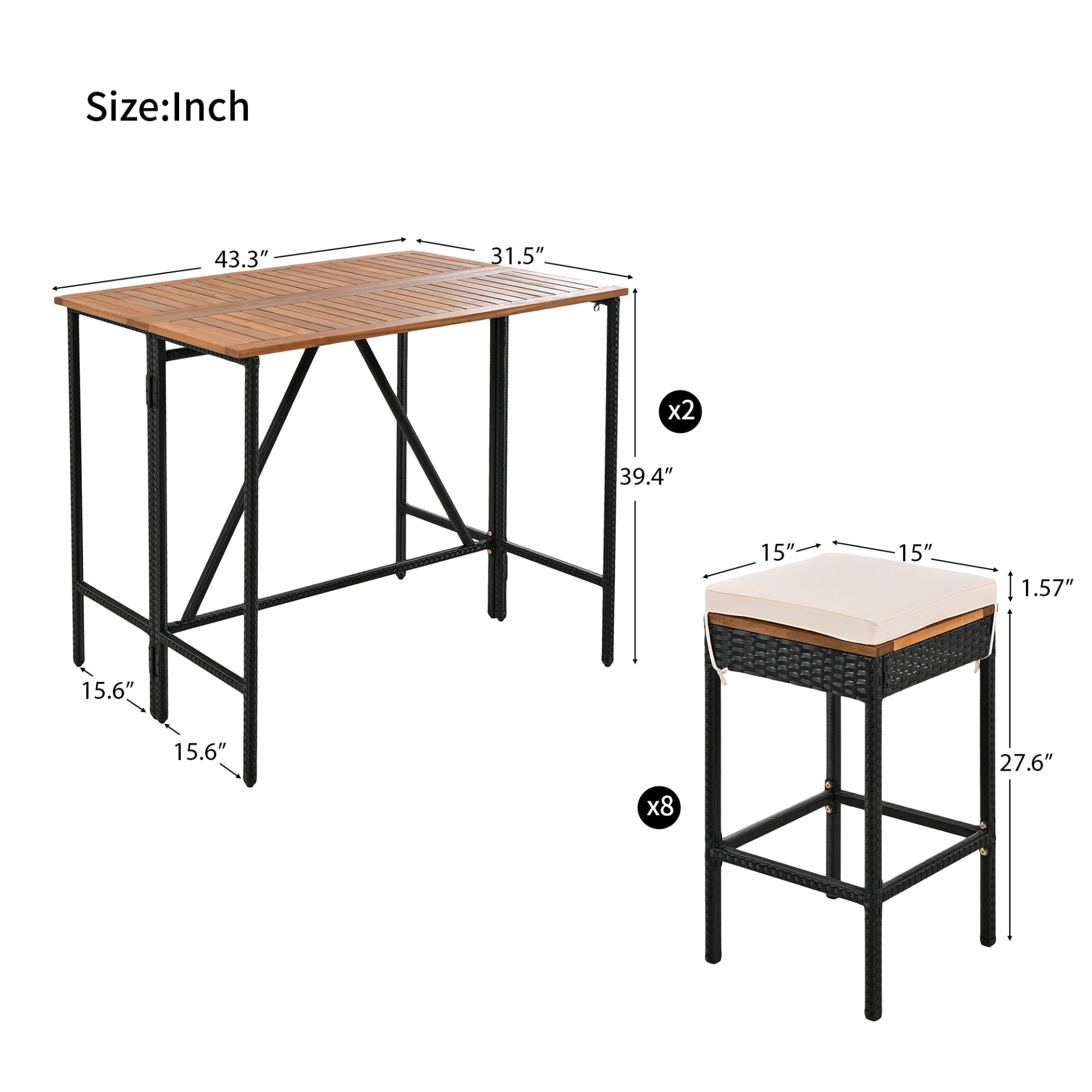 10-Piece Outdoor Acacia Wood Bar Height Table And Eight Stools With Cushions, Garden PE Rattan Wicker Dining Table, Foldable Tabletop, High-Dining Bistro Set, All-Weather Patio Furniture, Brown