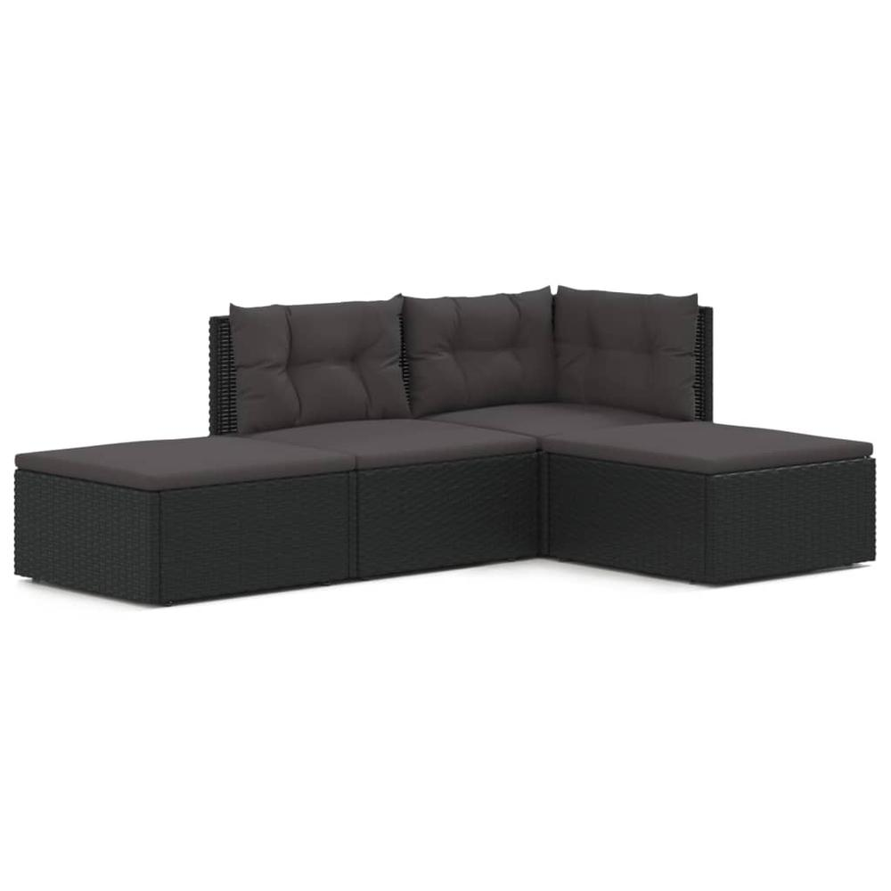 4 Piece Patio Lounge Set with Cushions Black Poly Rattan