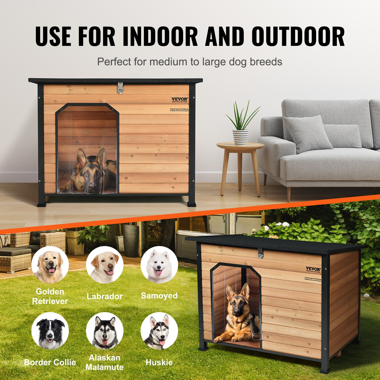 VEVOR Outdoor Dog House, Waterproof Insulated Dog House with Elevated Floor, Anti-Bite Wood Dog House Outdoor Iron Frame, Open Roof, for Medium to Large Dogs