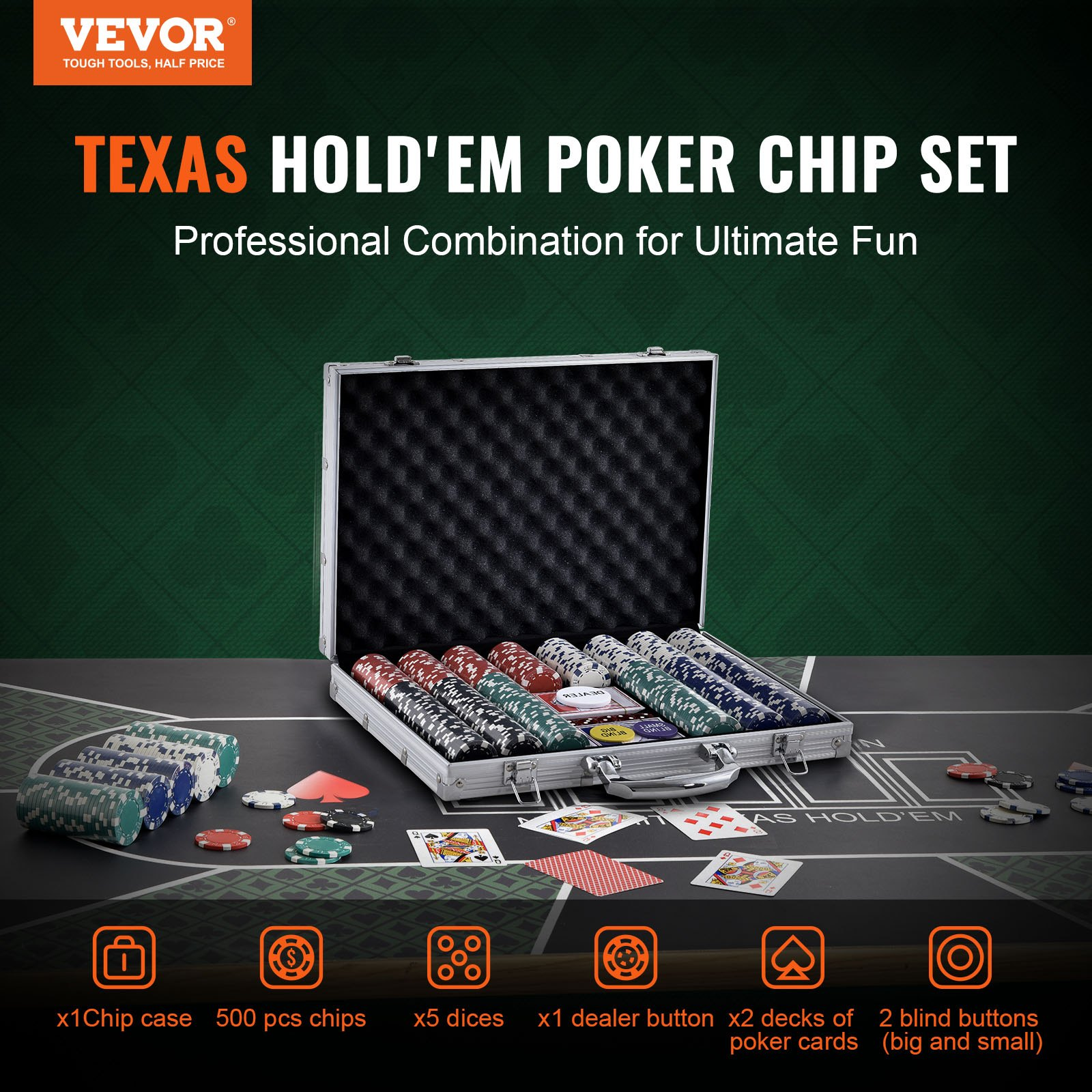 VEVOR Poker Chip Set, 500-Piece Poker Set, Complete Poker Playing Game Set with Aluminum Carrying  Case, 11.5 Gram Casino Chips, Cards, Buttons and Dices, for Texas Hold'em, Blackjack, Gambling