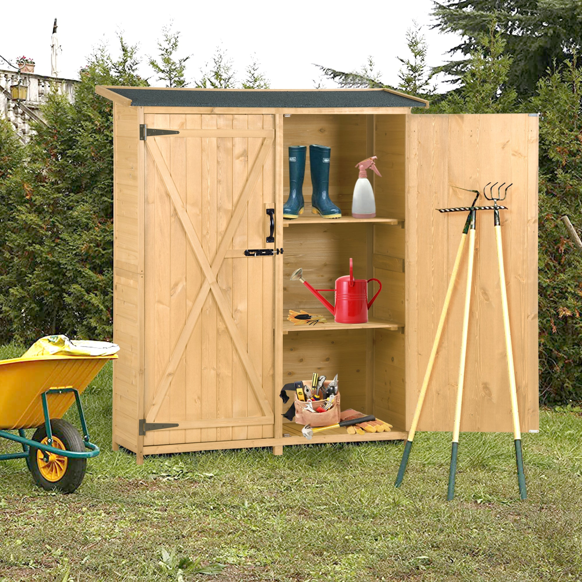 Outdoor 5.3ft Hx4.6ft L Wood Storage Shed Tool Organizer,Garden Shed, Storage Cabinet with Waterproof Asphalt Roof, Double Lockable Doors, 3-tier Shelves for Backyard, Natural