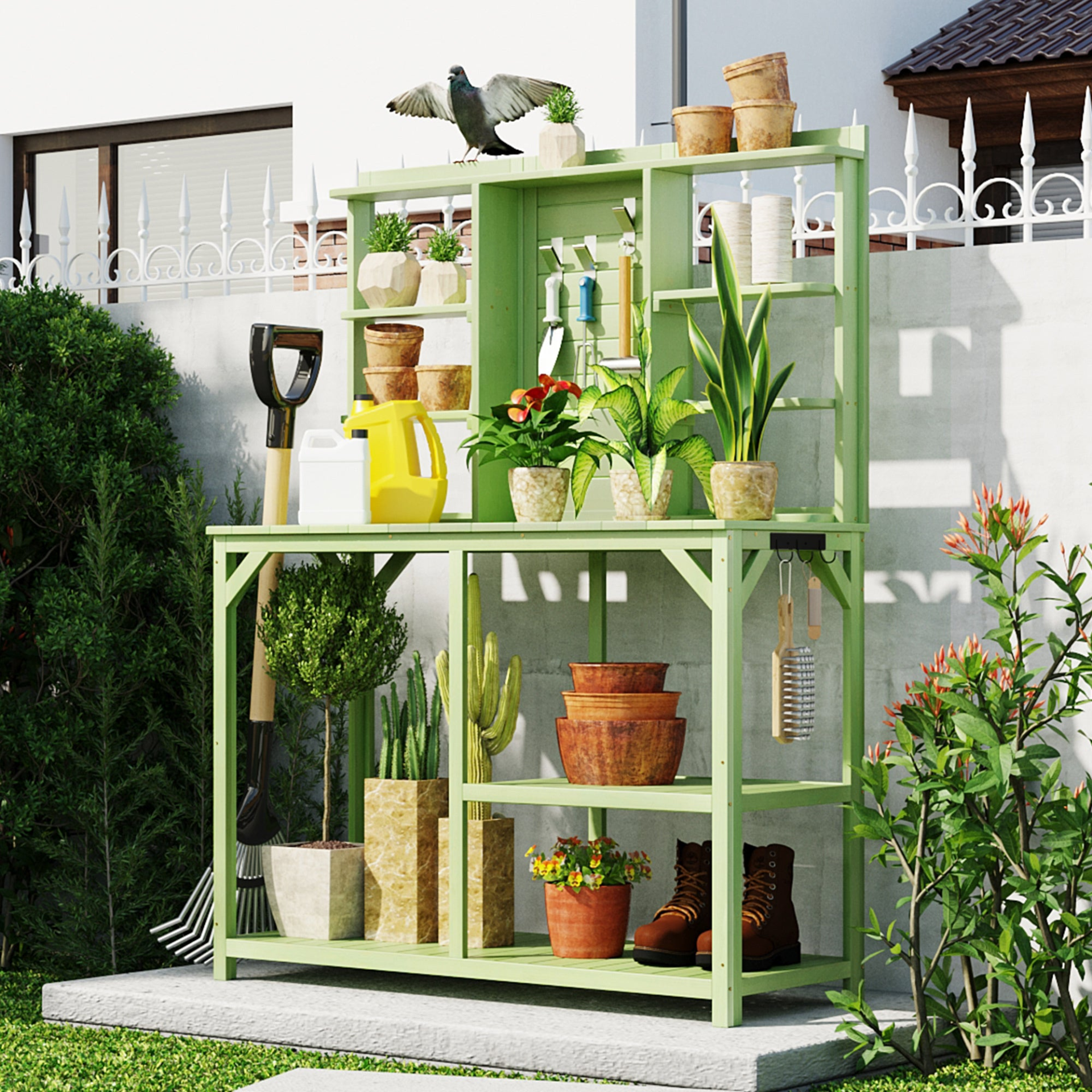 64.6" Large Outdoor Potting Bench, Garden Potting Table, Wood Workstation with 6-Tier Shelves, Large Tabletop and Side Hook for Mudroom, Backyard,Green