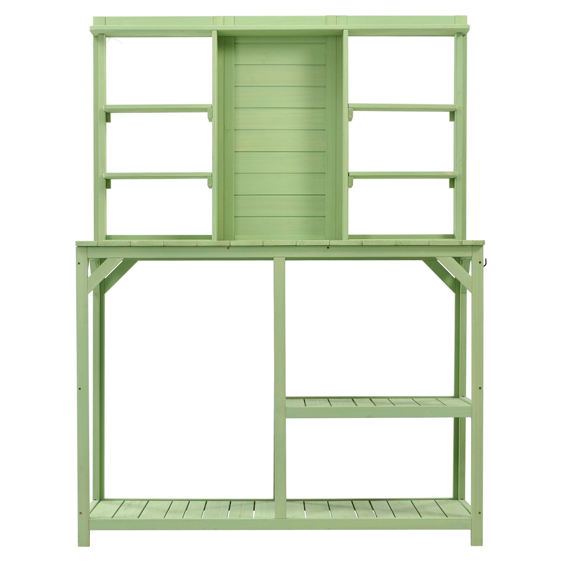 64.6" Large Outdoor Potting Bench, Garden Potting Table, Wood Workstation with 6-Tier Shelves, Large Tabletop and Side Hook for Mudroom, Backyard,Green