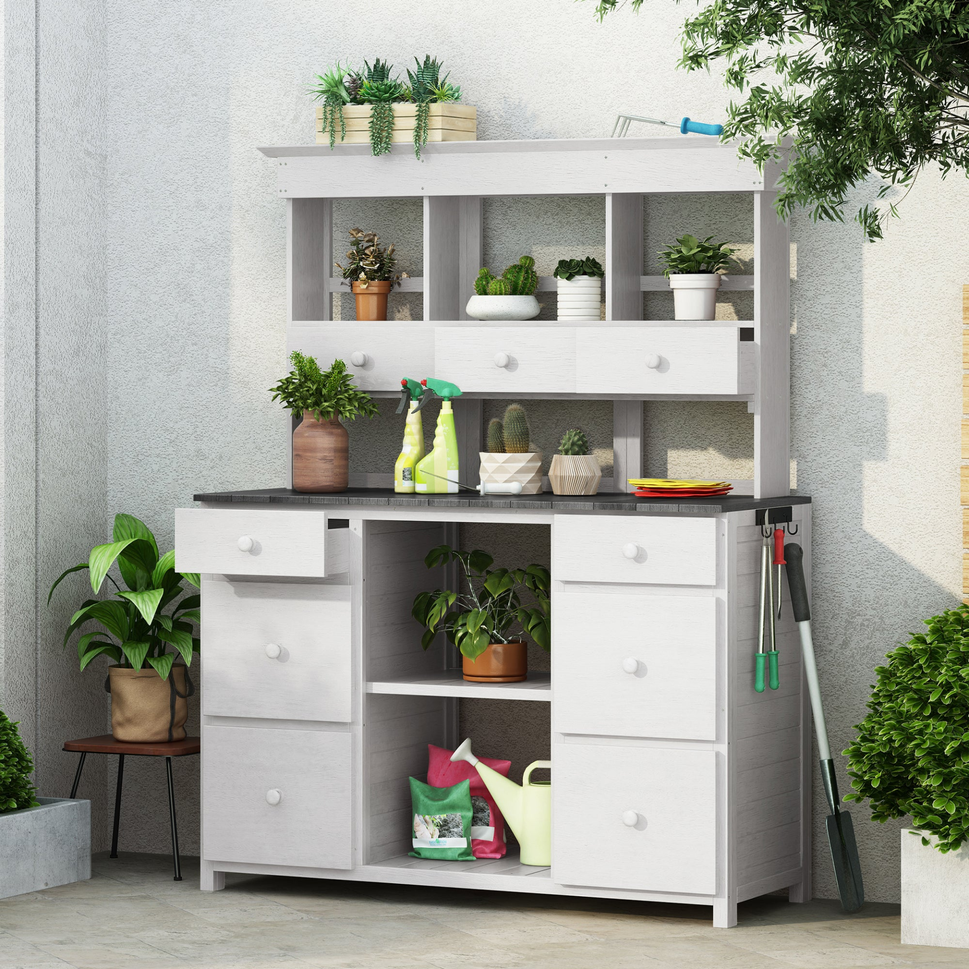 Garden Potting Bench Table, Rustic and Sleek Design with Multiple Drawers and Shelves for Storage, White and Gray