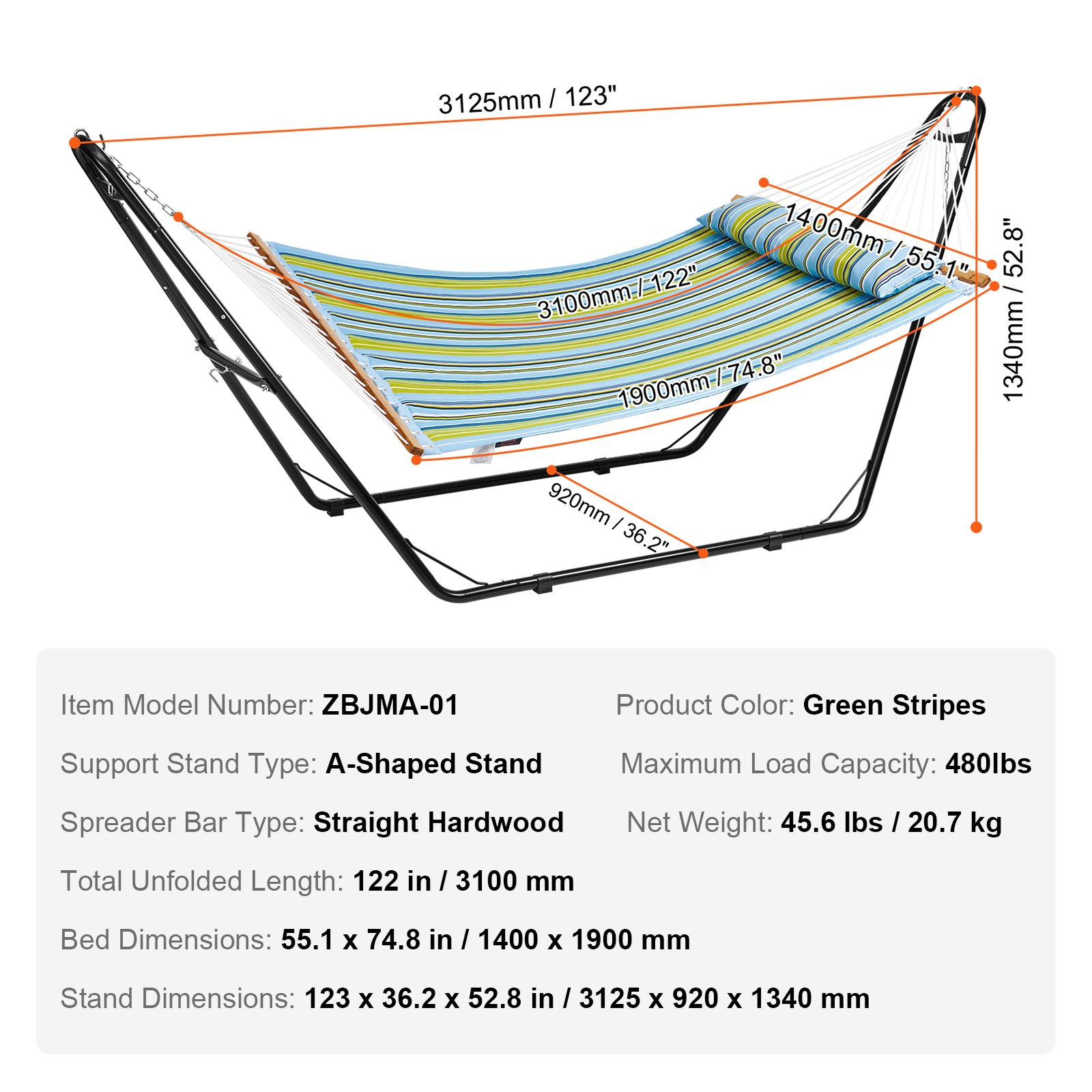 VEVOR Double Quilted Fabric Hammock Two Person Hammock with Stand 480lb Capacity