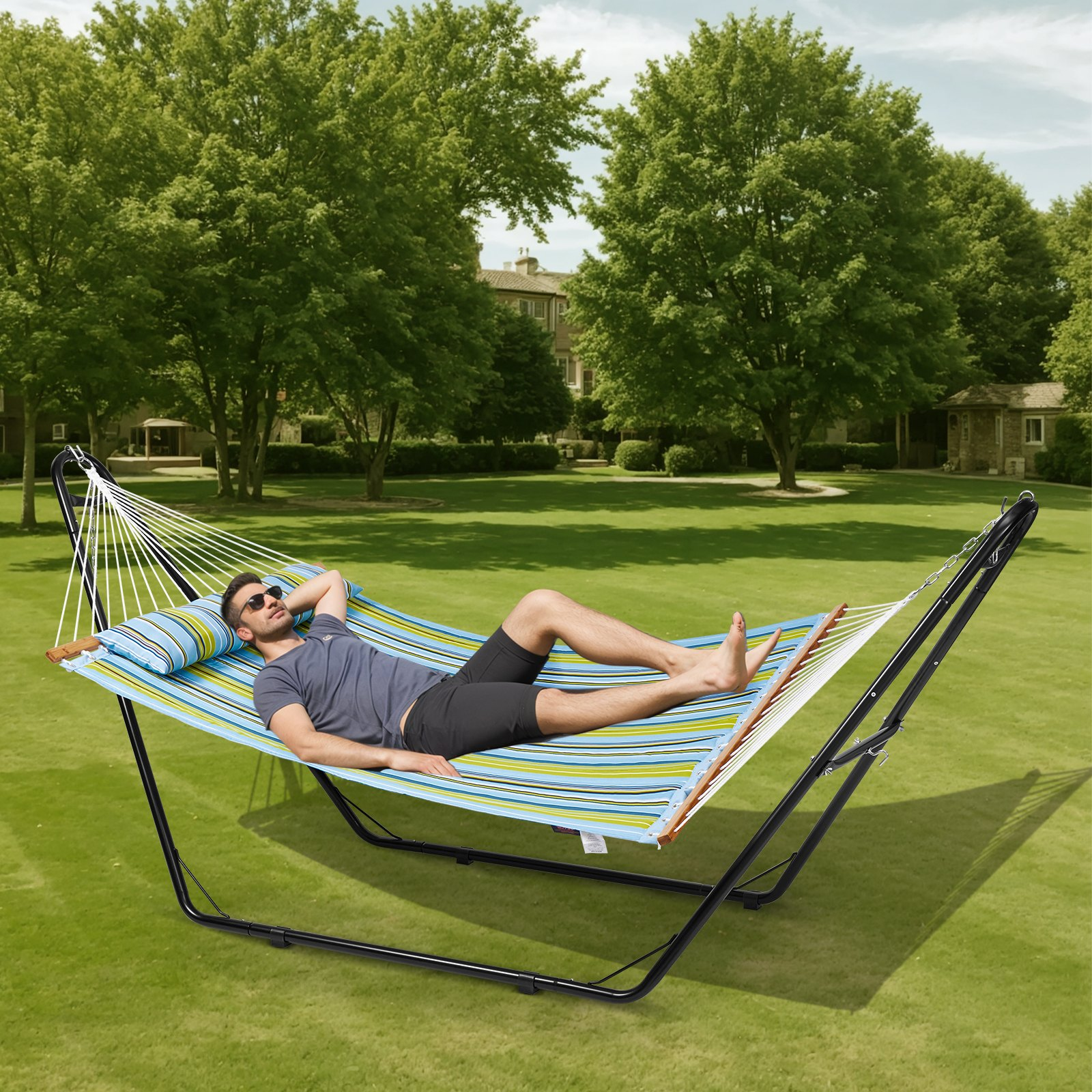 VEVOR Double Quilted Fabric Hammock Two Person Hammock with Stand 480lb Capacity