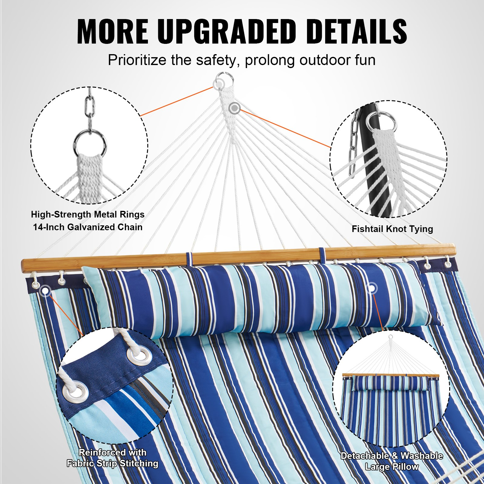 VEVOR Double Quilted Fabric Hammock, 12 FT Double Hammock with Hardwood Spreader Bars, 2 Person Quilted Hammock with Detachable Pillow and Chains for Camping Outdoor Patio Yard Beach, 480 lbs Capacity