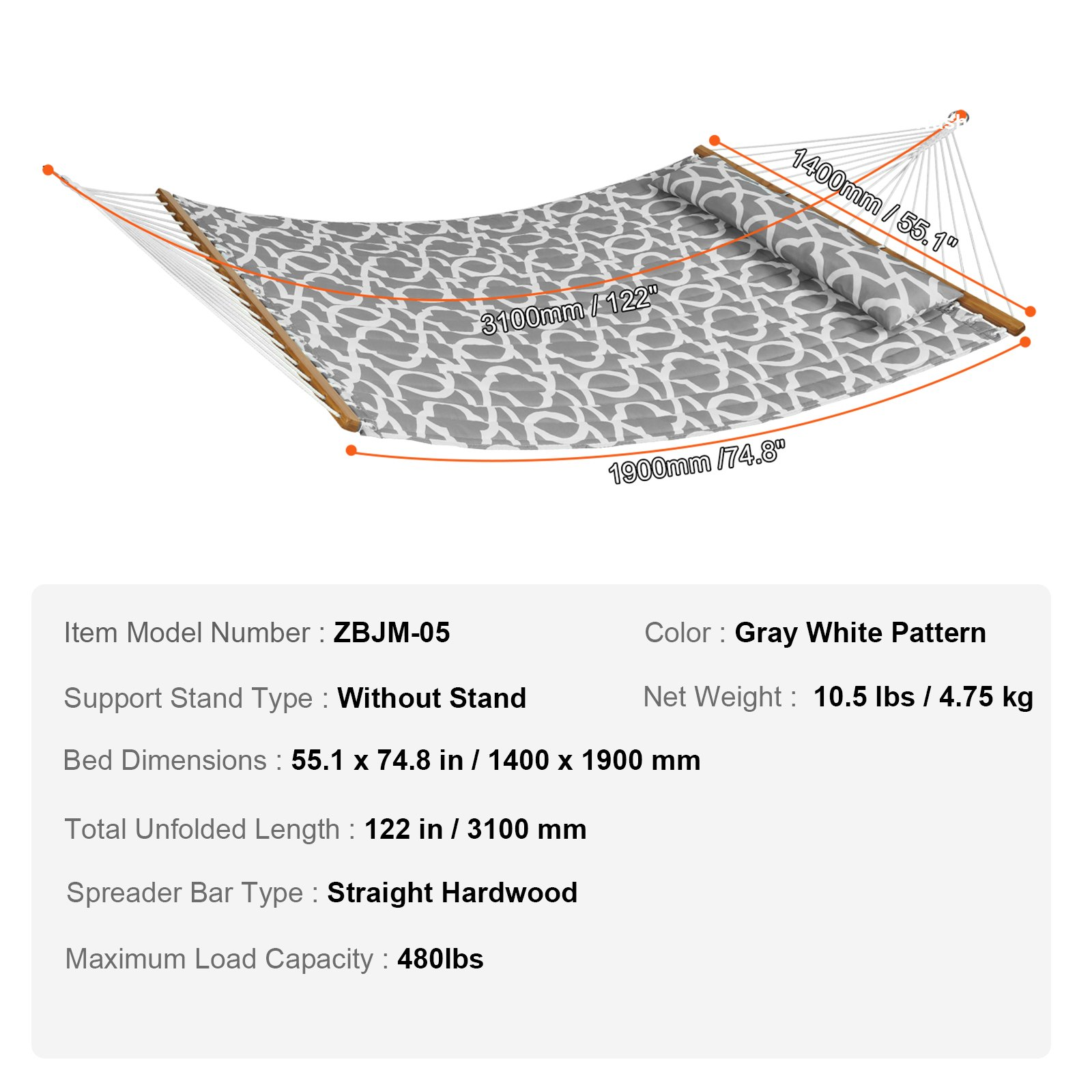 VEVOR Double Quilted Fabric Hammock, 12 FT Double Hammock with Hardwood Spreader Bars, 2 Person Quilted Hammock with Detachable Pillow and Chains for Camping Outdoor Patio Yard Beach, 480 lbs Capacity