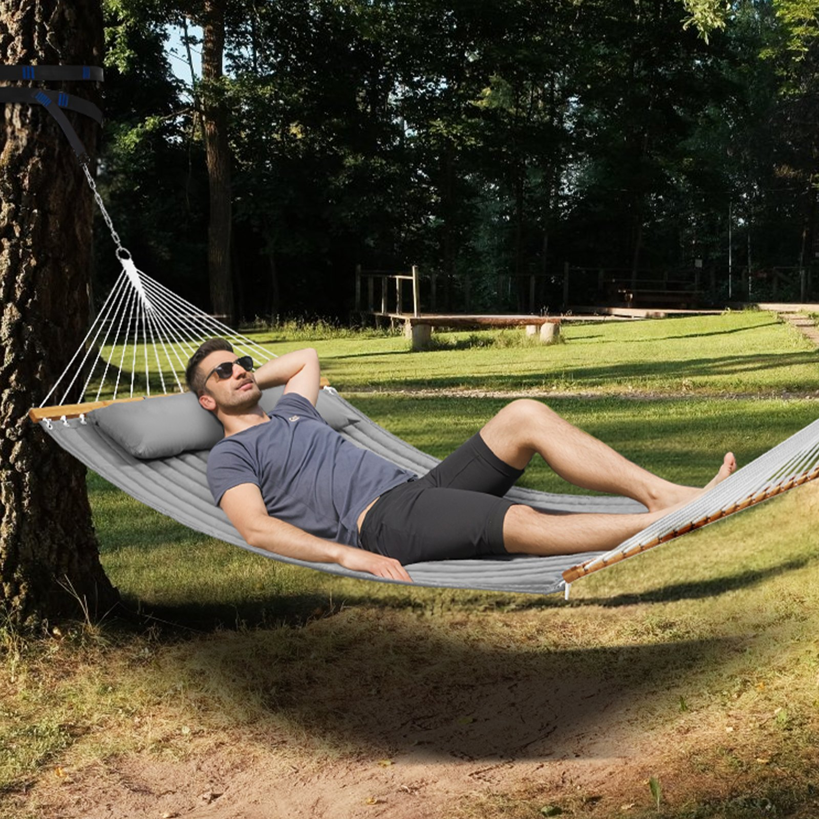 VEVOR Double Quilted Fabric Hammock with Hardwood Spreader Bar Detachable Pillow