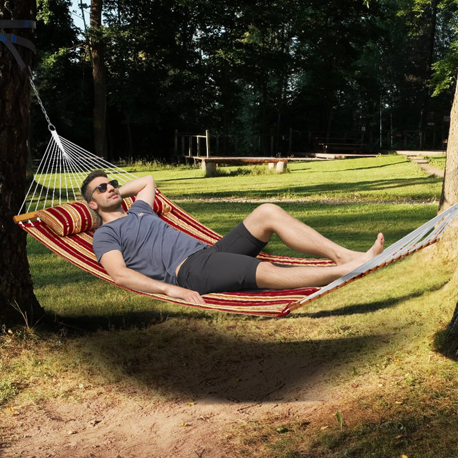 VEVOR Double Quilted Fabric Hammock with Hardwood Spreader Bar Detachable Pillow