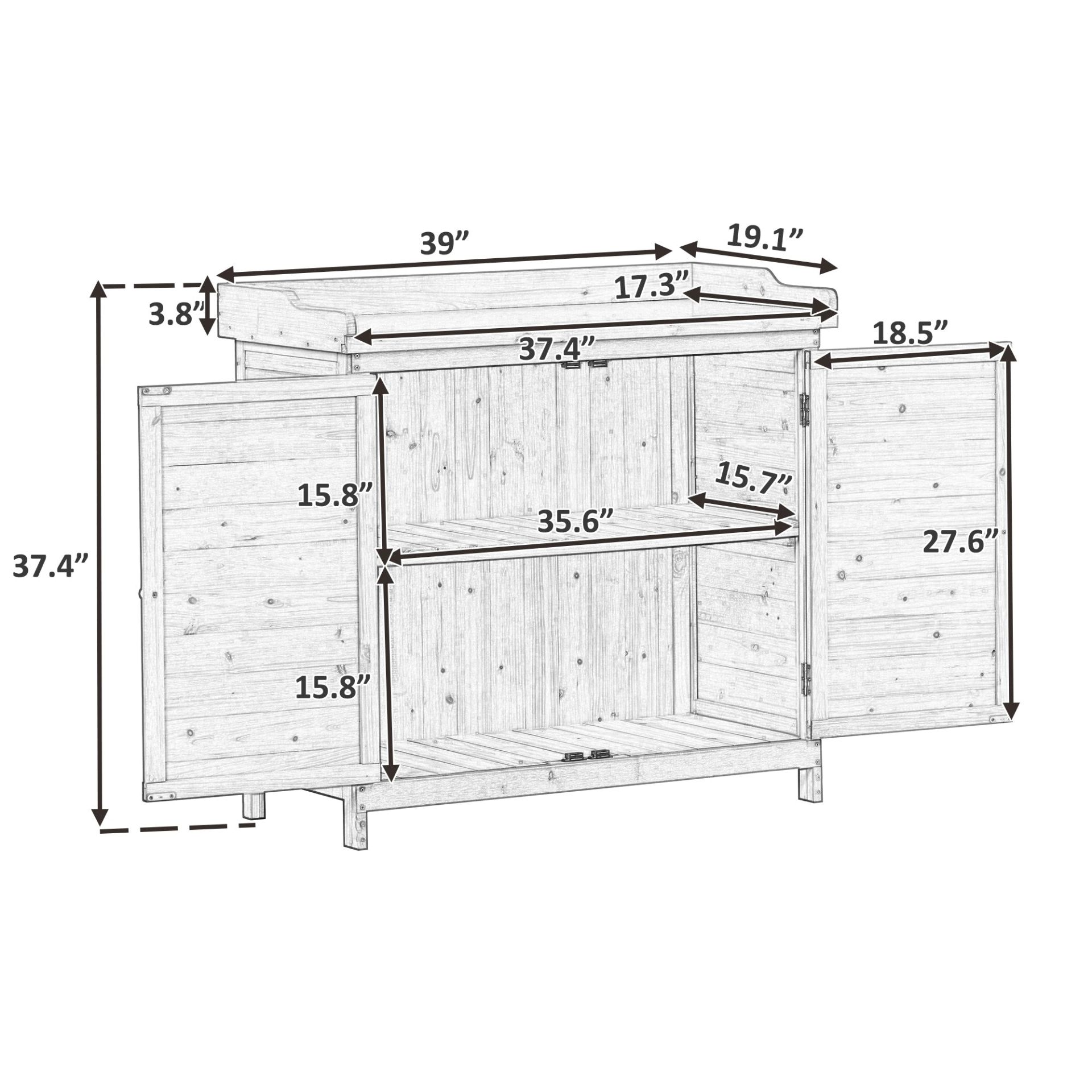 Outdoor 39" Potting Bench Table, Rustic Garden Wood Workstation Storage Cabinet Garden Shed with 2-Tier Shelves and Side Hook, Grey