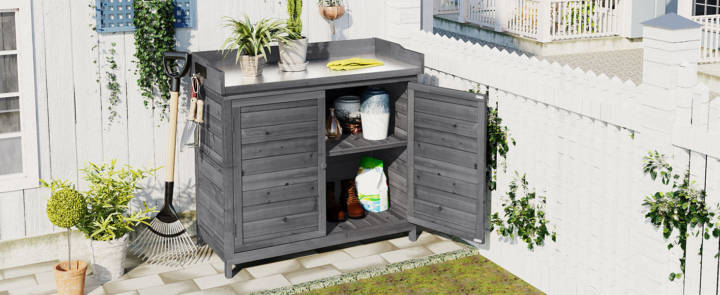 Outdoor 39" Potting Bench Table, Rustic Garden Wood Workstation Storage Cabinet Garden Shed with 2-Tier Shelves and Side Hook, Grey