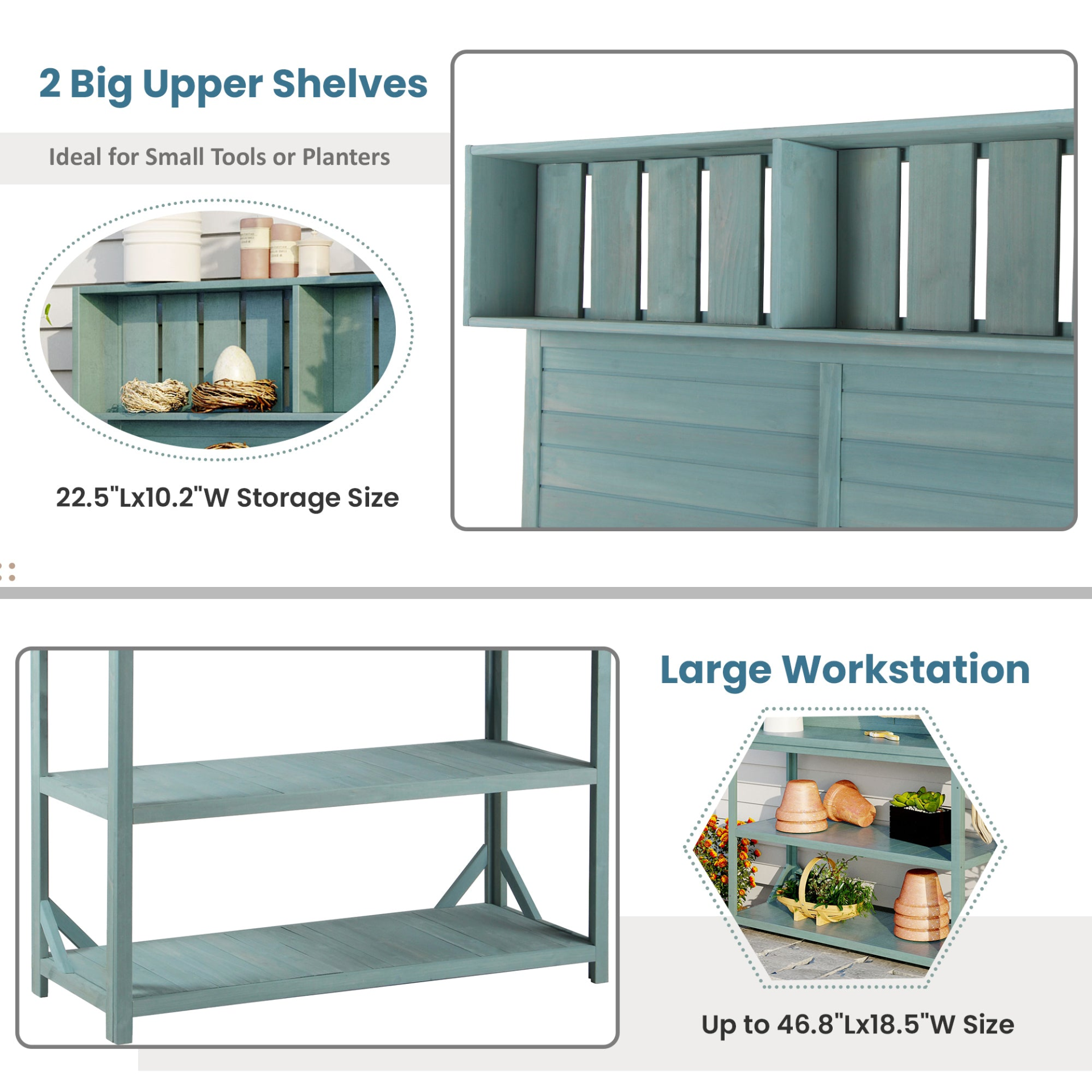 65" Large Wooden Farmhouse Rustic Outdoor Potting Bench Table, Patio Workstation, Garden Potting Bench with 4 Storage Shelves and Side Hook,Green