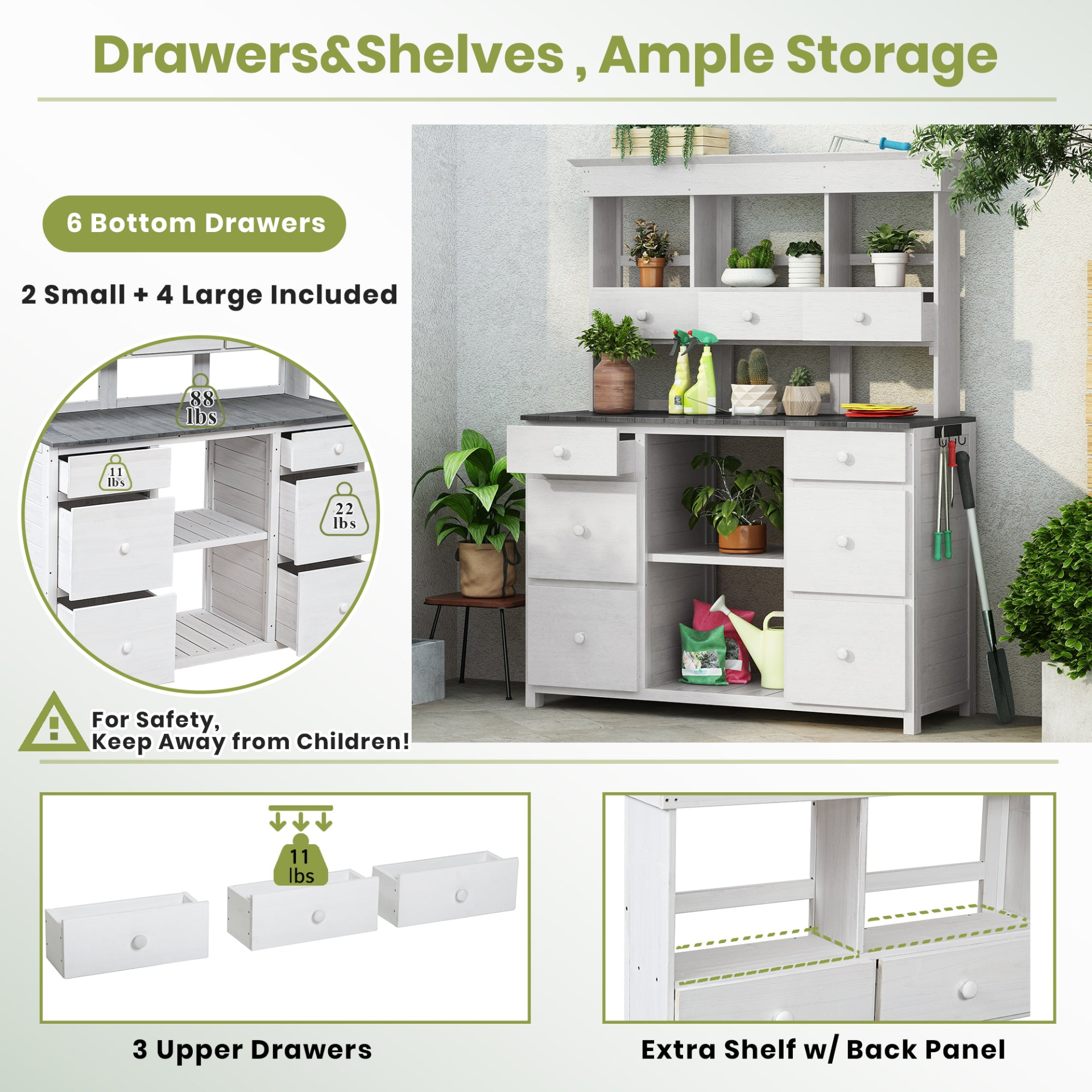 Garden Potting Bench Table, Rustic and Sleek Design with Multiple Drawers and Shelves for Storage, White and Gray