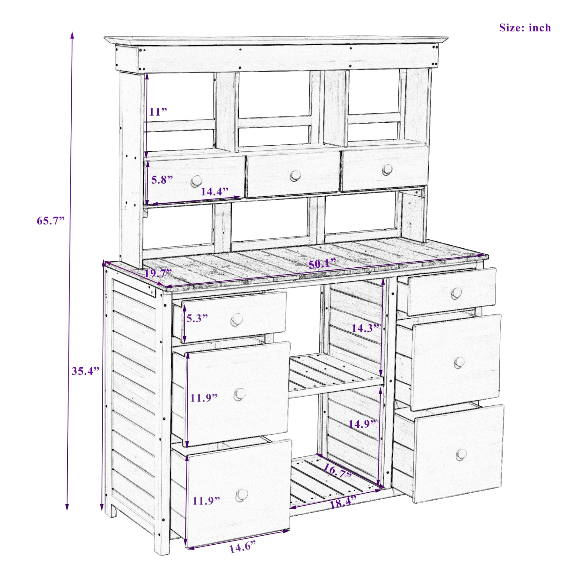 Garden Potting Bench Table, Rustic and Sleek Design with Multiple Drawers and Shelves for Storage, White and Gray