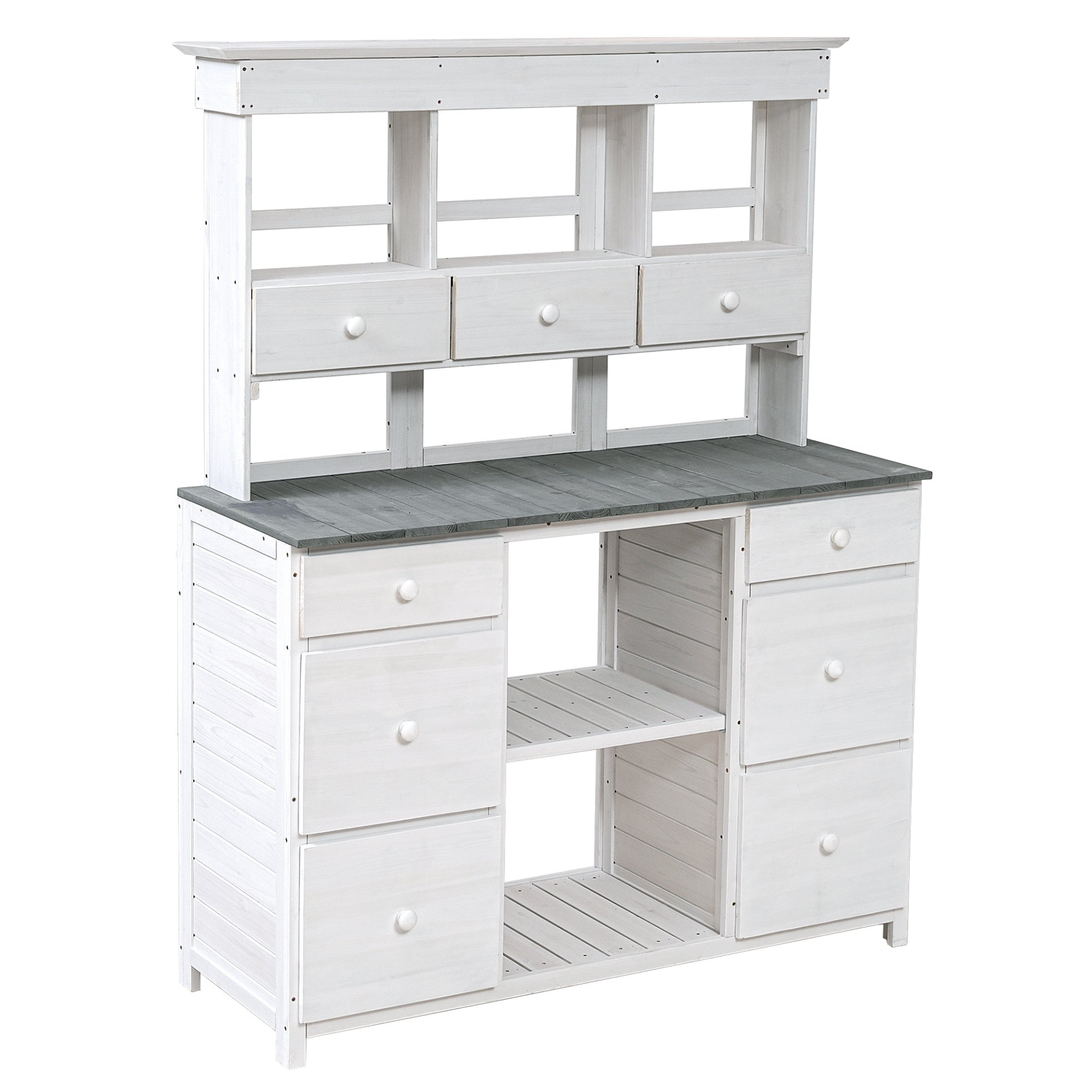 Garden Potting Bench Table, Rustic and Sleek Design with Multiple Drawers and Shelves for Storage, White and Gray