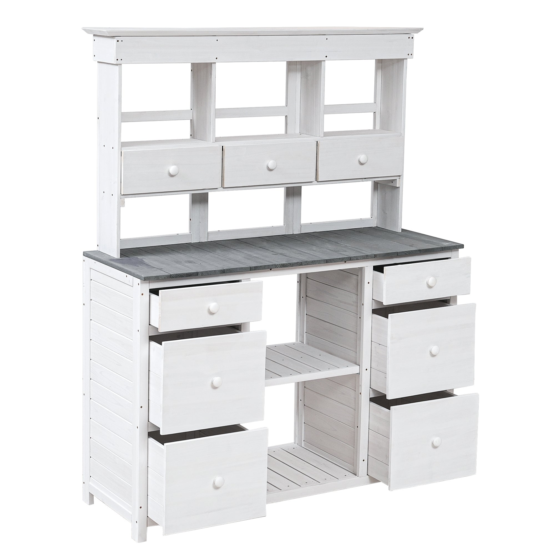 Garden Potting Bench Table, Rustic and Sleek Design with Multiple Drawers and Shelves for Storage, White and Gray