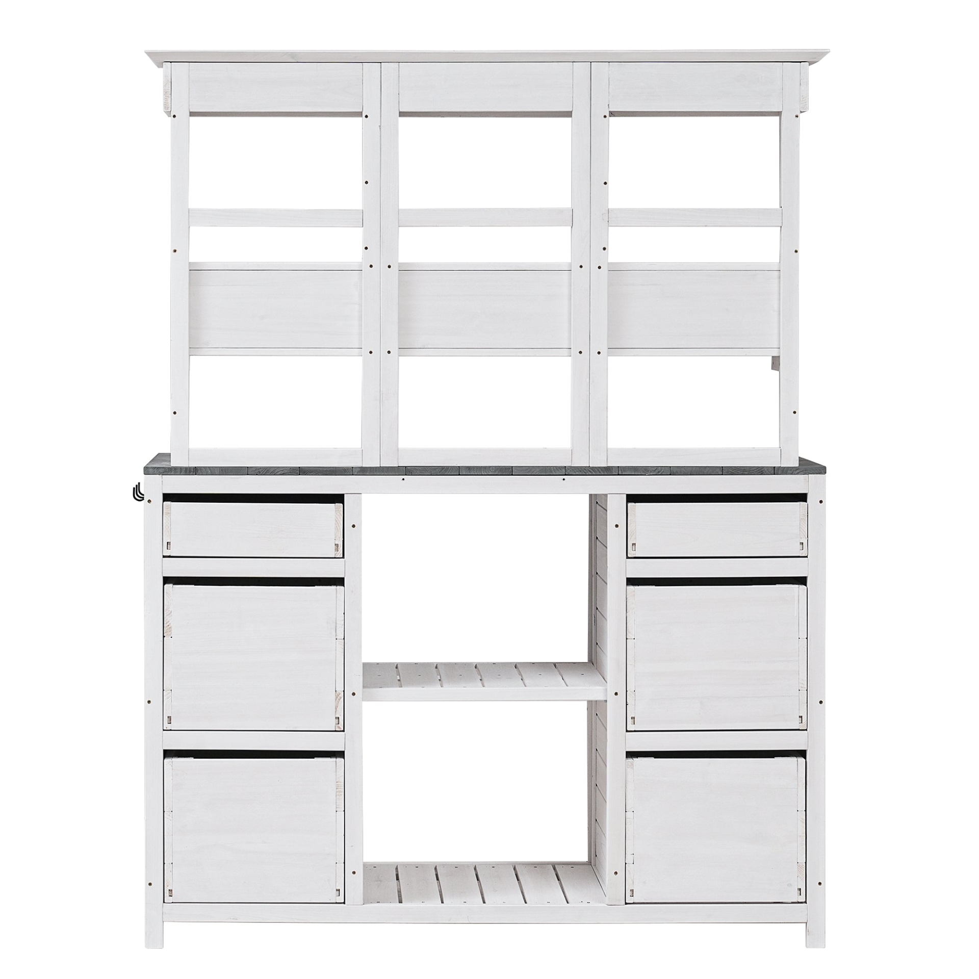 Garden Potting Bench Table, Rustic and Sleek Design with Multiple Drawers and Shelves for Storage, White and Gray