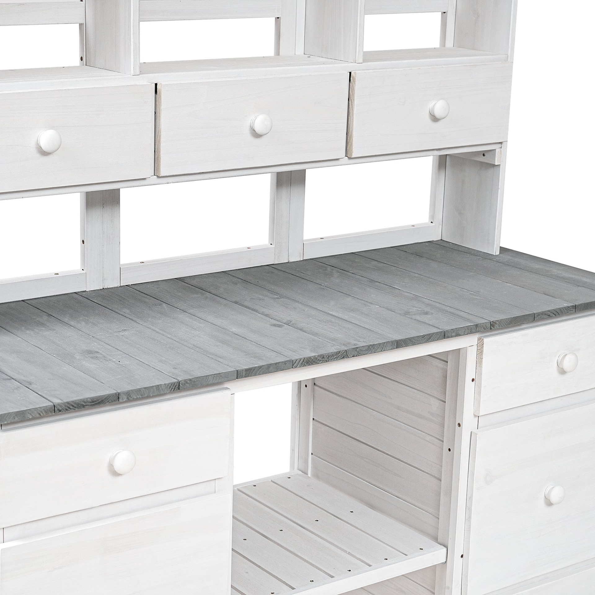 Garden Potting Bench Table, Rustic and Sleek Design with Multiple Drawers and Shelves for Storage, White and Gray