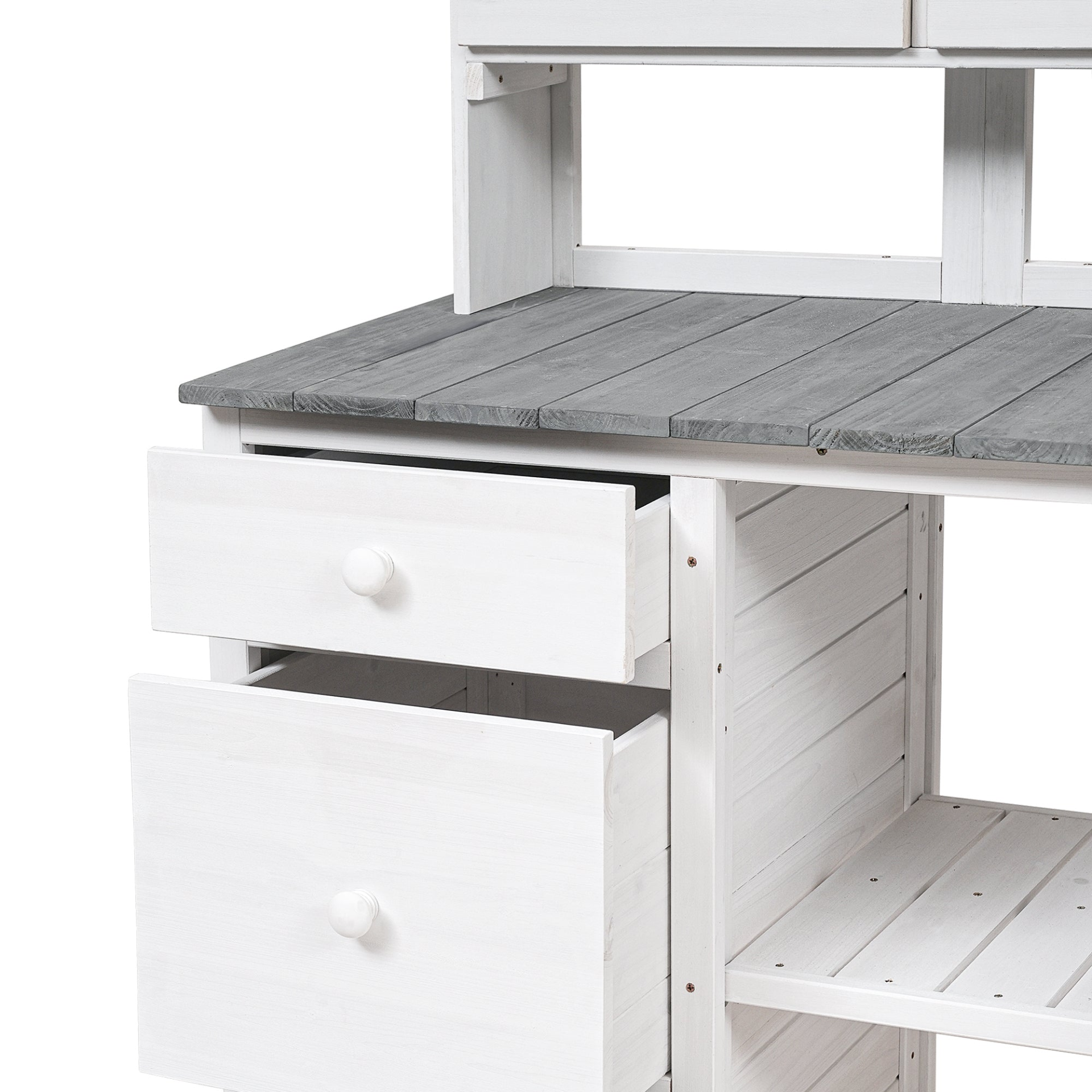 Garden Potting Bench Table, Rustic and Sleek Design with Multiple Drawers and Shelves for Storage, White and Gray