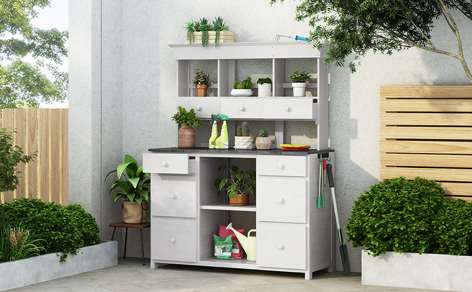 Garden Potting Bench Table, Rustic and Sleek Design with Multiple Drawers and Shelves for Storage, White and Gray