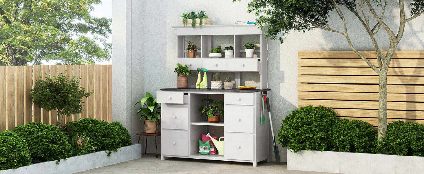 Garden Potting Bench Table, Rustic and Sleek Design with Multiple Drawers and Shelves for Storage, White and Gray