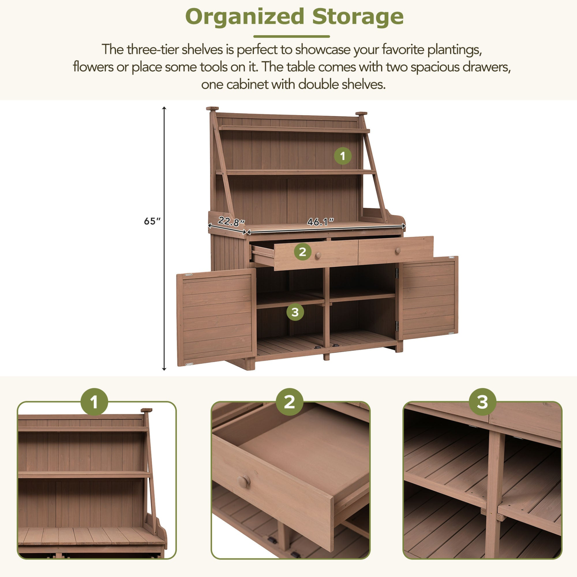 65inch Garden Potting Bench Table, Fir Wood Workstation with Storage Shelf, Drawer and Cabinet, Brown