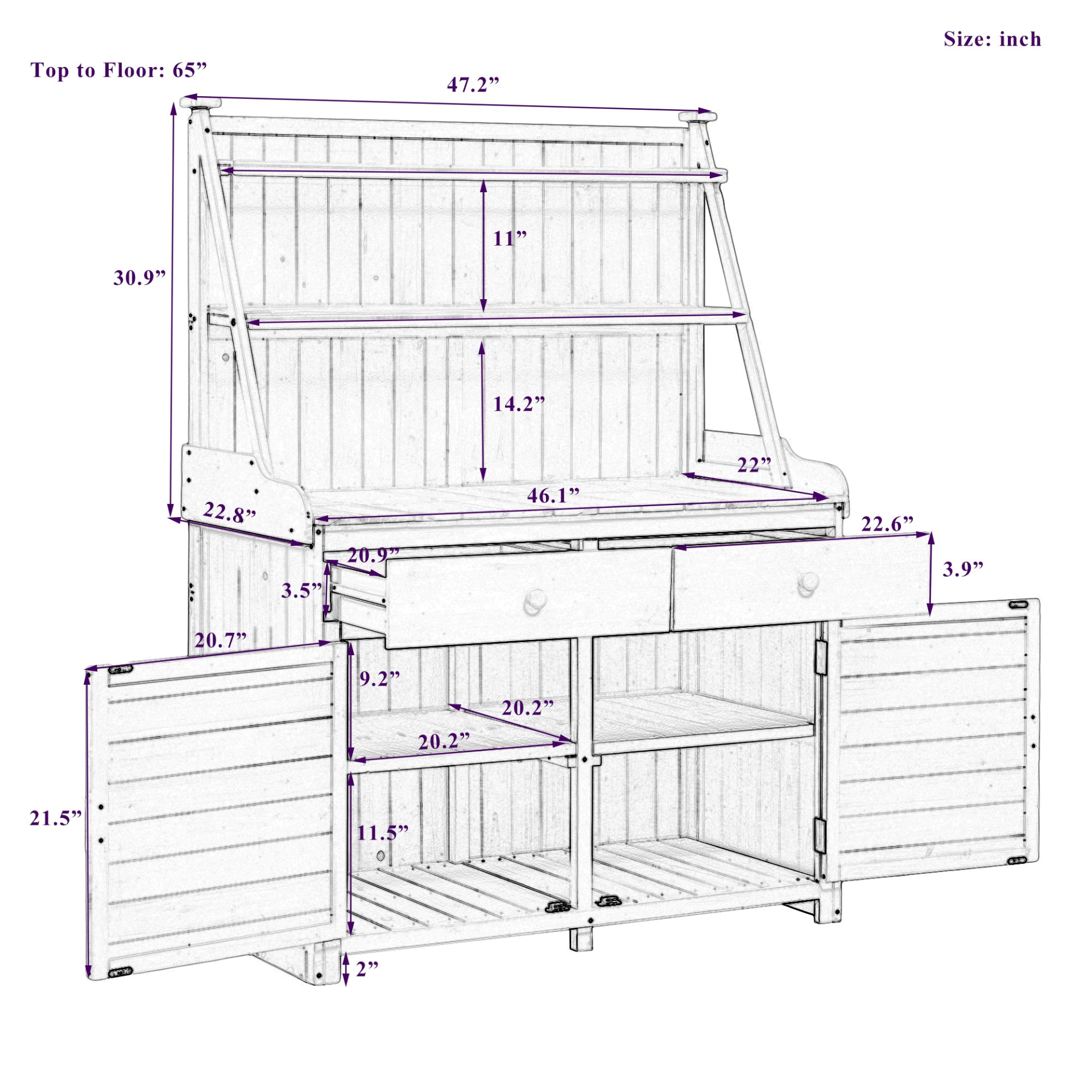 65inch Garden Potting Bench Table, Fir Wood Workstation with Storage Shelf, Drawer and Cabinet, Brown