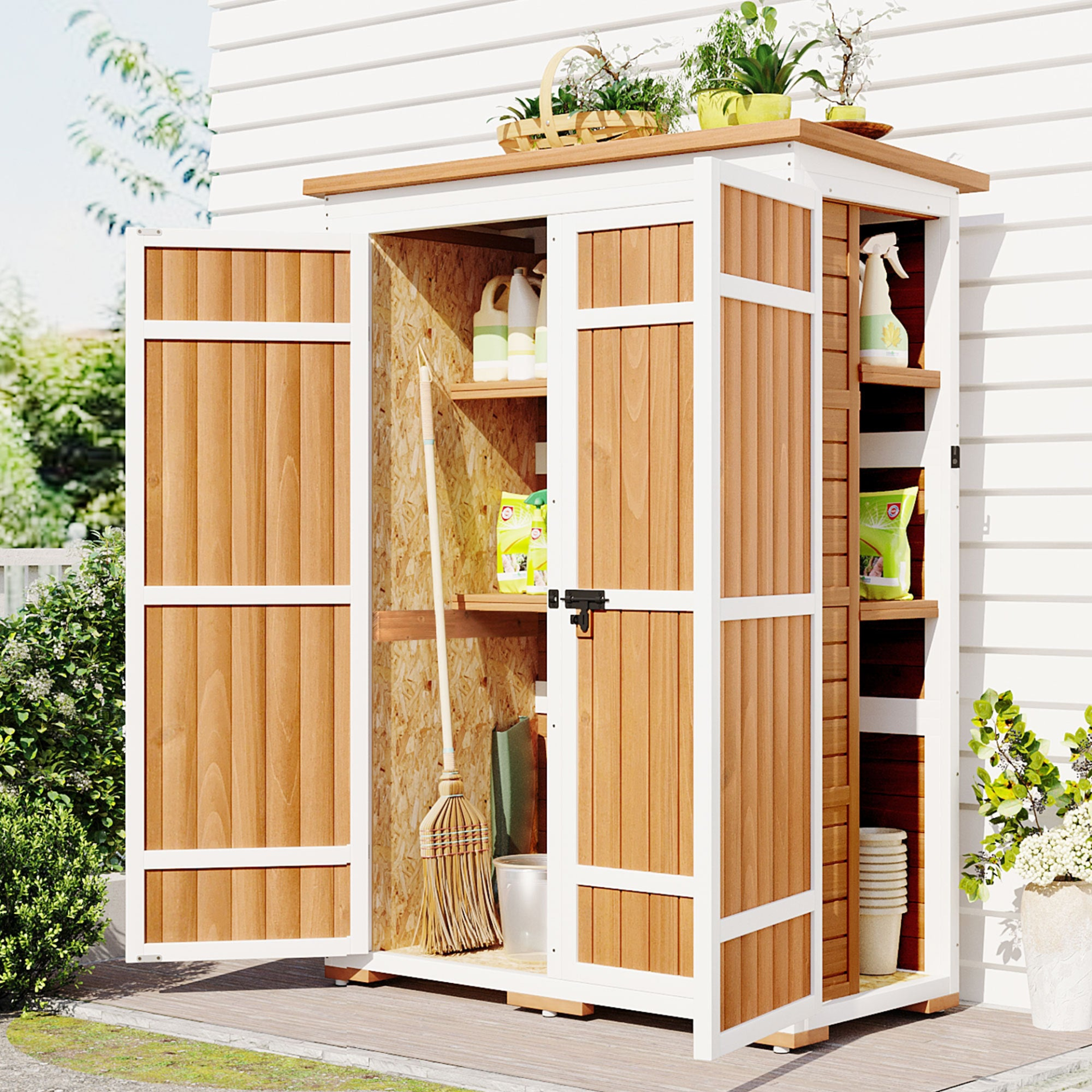 Outdoor 5.5ft Hx4.1ft L Wood Storage Shed, Garden Tool Cabinet with Waterproof Asphalt Roof, Four Lockable Doors, Multiple-tier Shelves, Natural