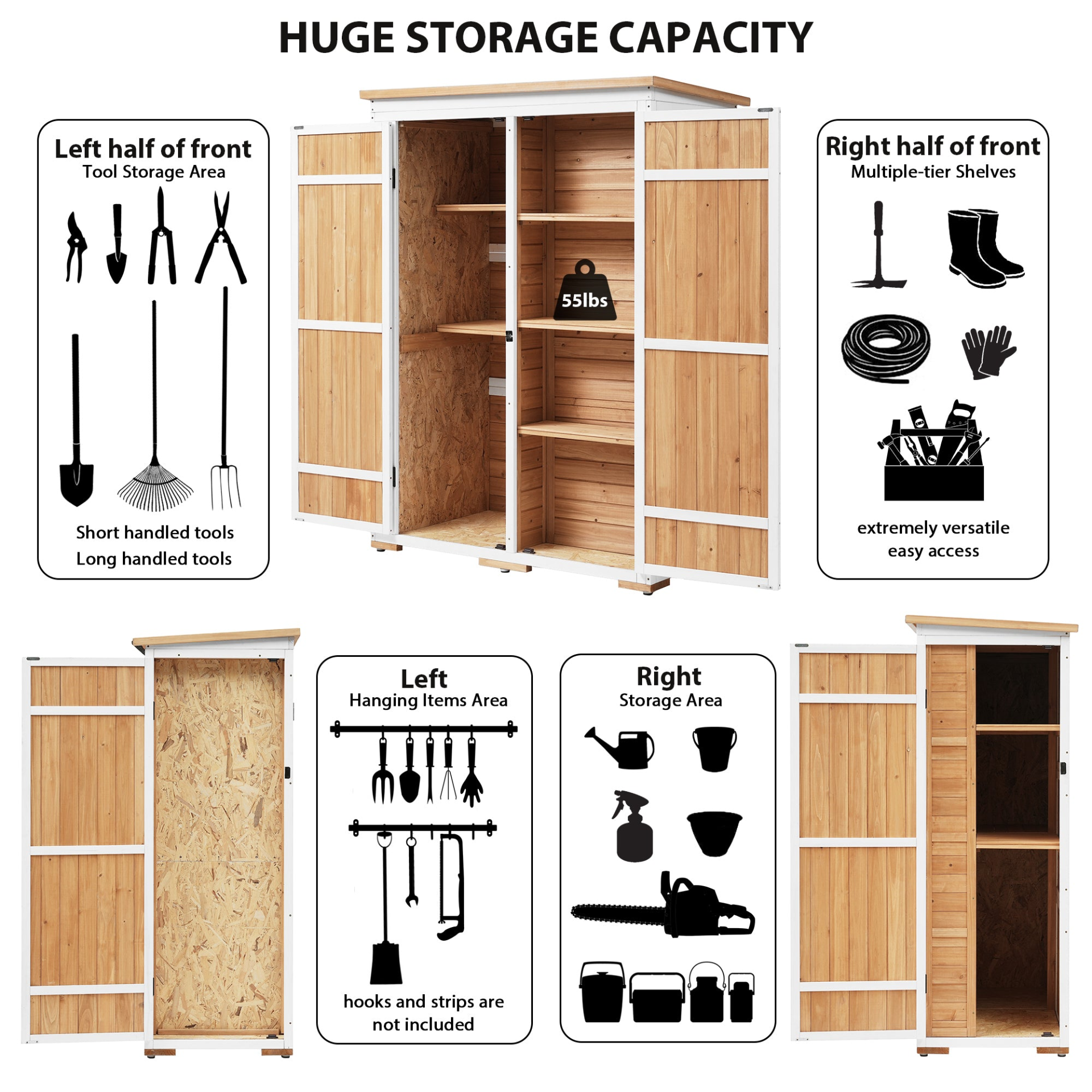 Outdoor 5.5ft Hx4.1ft L Wood Storage Shed, Garden Tool Cabinet with Waterproof Asphalt Roof, Four Lockable Doors, Multiple-tier Shelves, Natural