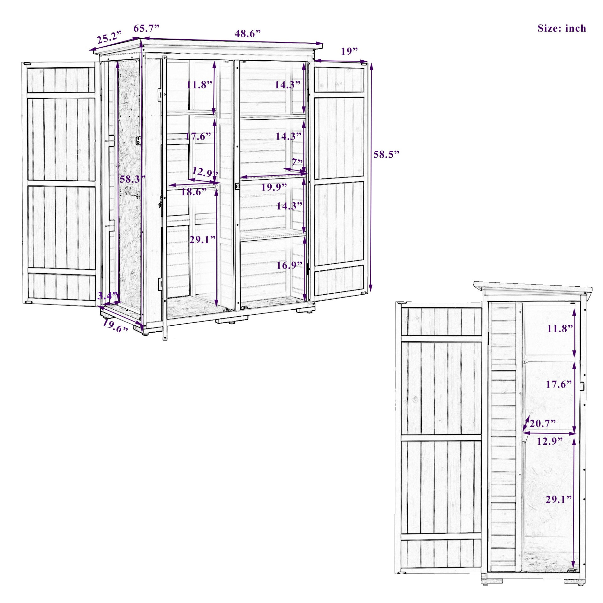 Outdoor 5.5ft Hx4.1ft L Wood Storage Shed, Garden Tool Cabinet with Waterproof Asphalt Roof, Four Lockable Doors, Multiple-tier Shelves, Natural