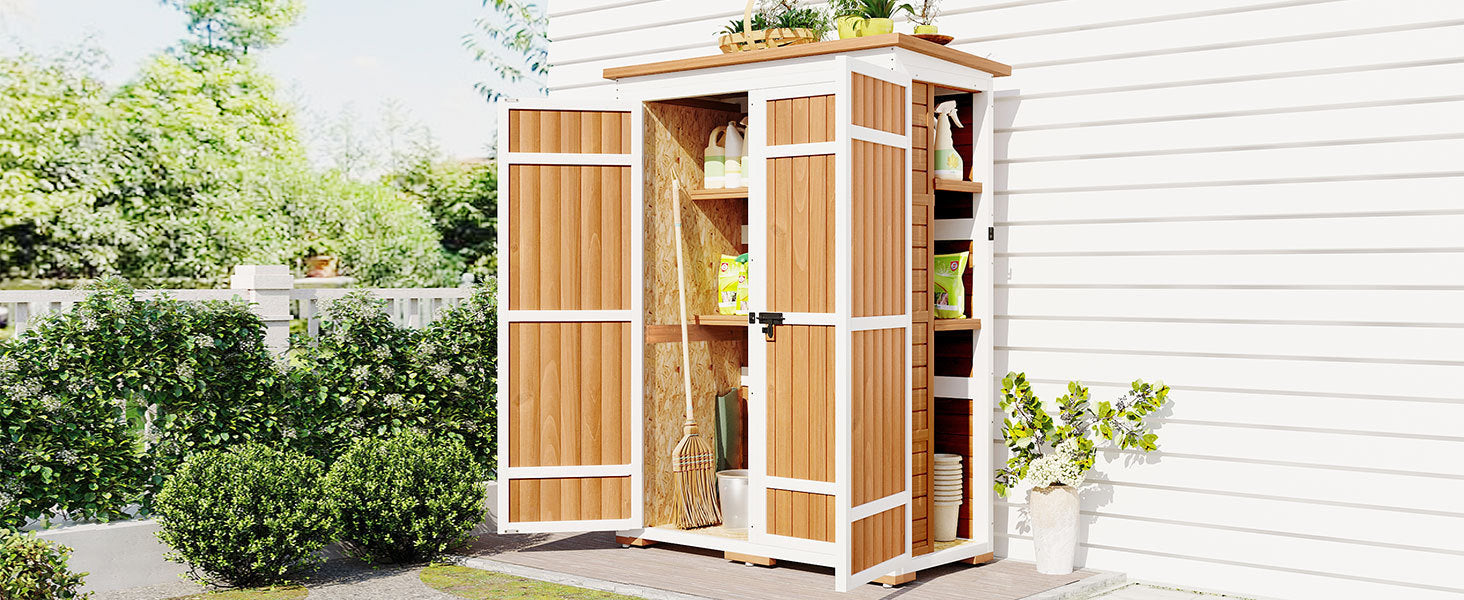 Outdoor 5.5ft Hx4.1ft L Wood Storage Shed, Garden Tool Cabinet with Waterproof Asphalt Roof, Four Lockable Doors, Multiple-tier Shelves, Natural