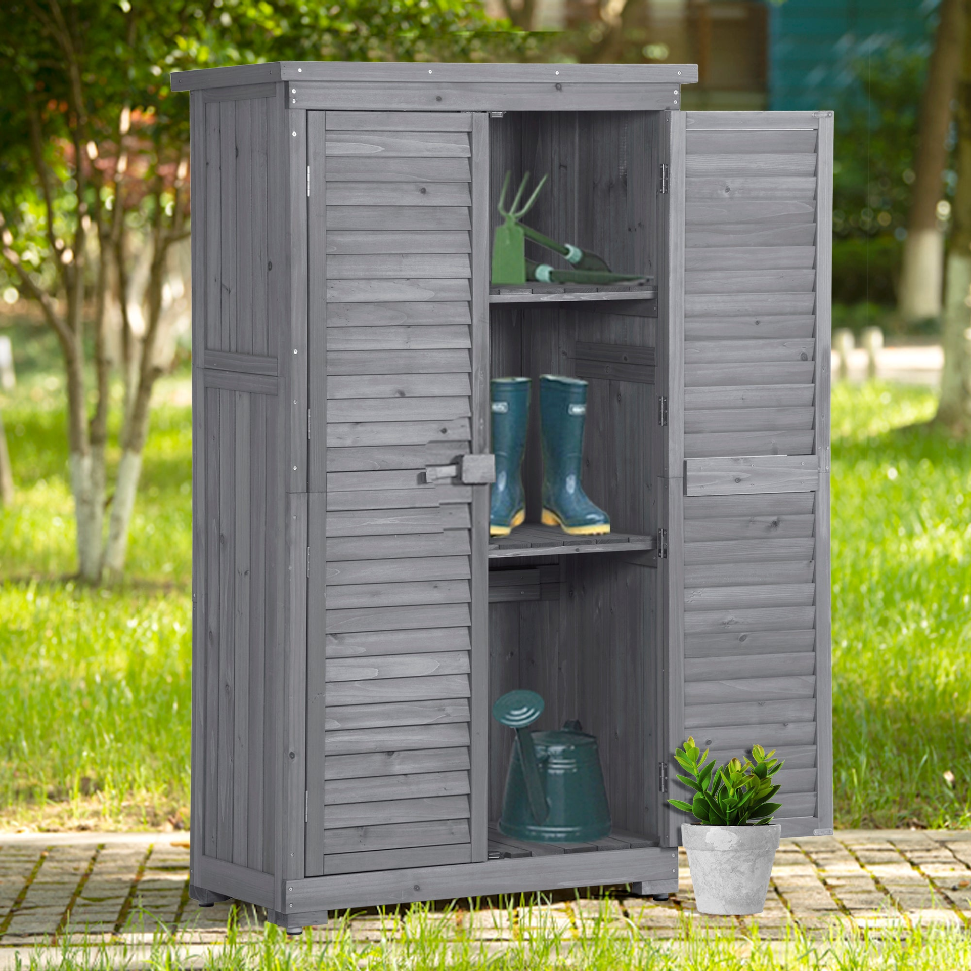 Wooden Garden Shed 3-tier Patio Storage Cabinet Outdoor Organizer Wooden Lockers with Fir Wood (Gray Wood Color -Shutter Design)