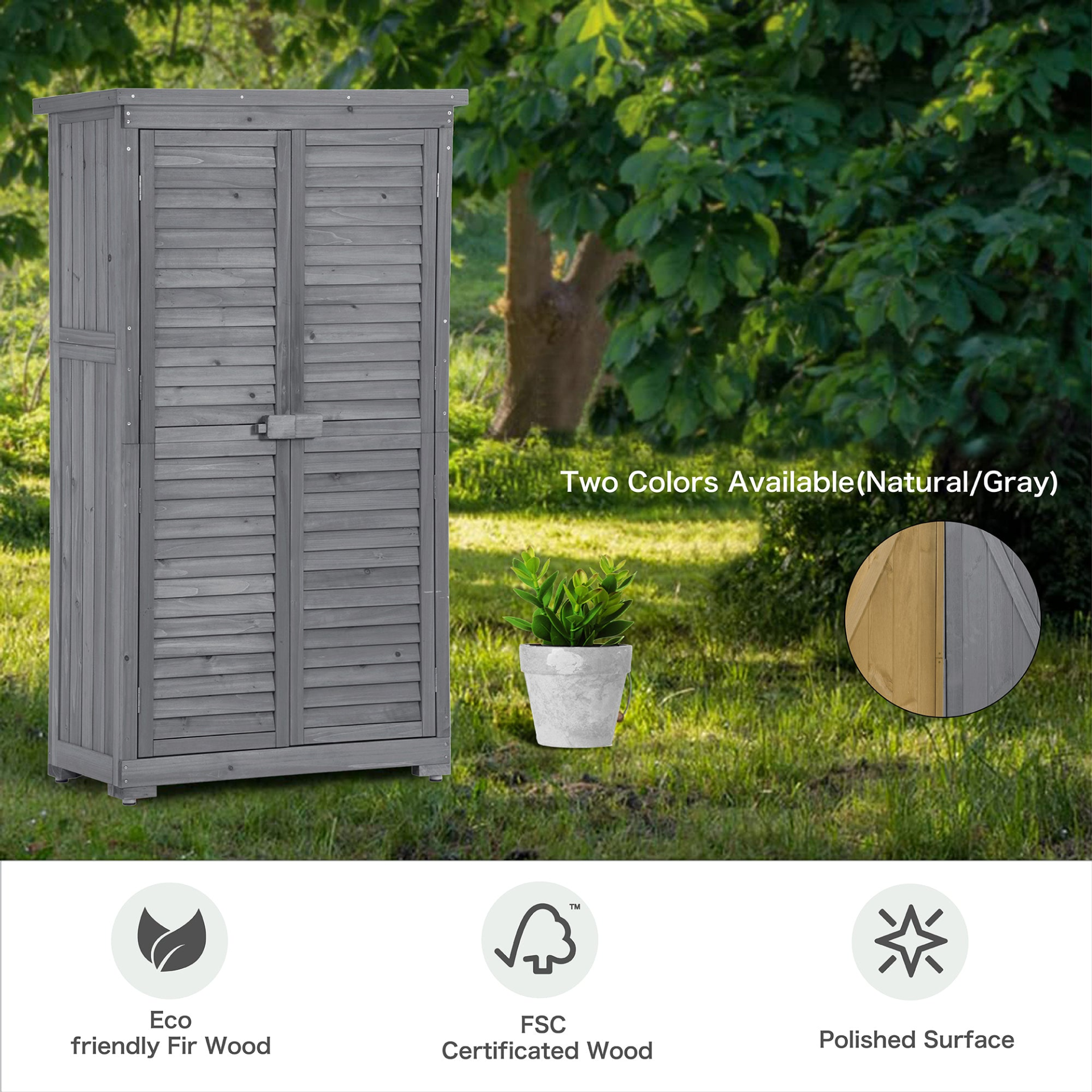 Wooden Garden Shed 3-tier Patio Storage Cabinet Outdoor Organizer Wooden Lockers with Fir Wood (Gray Wood Color -Shutter Design)